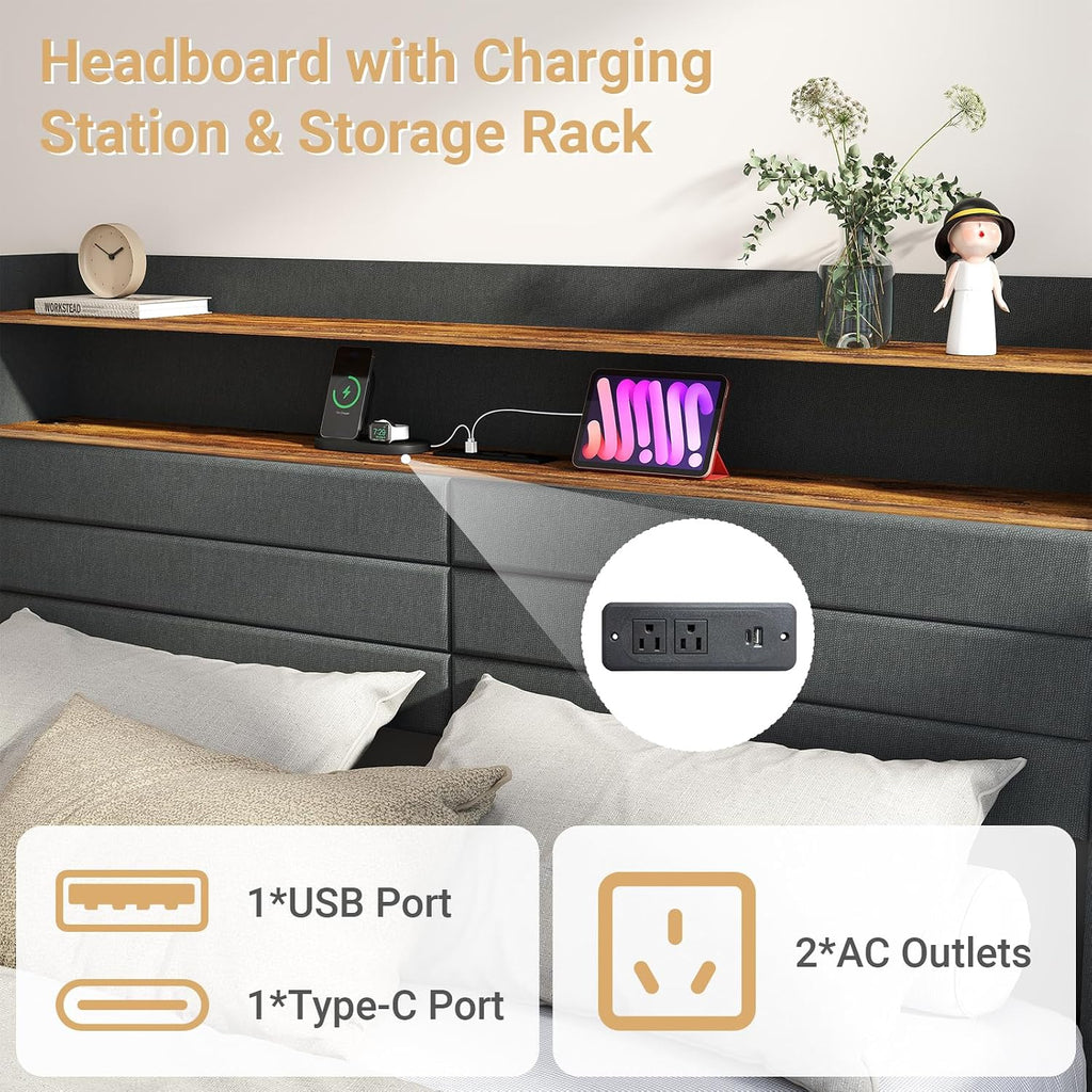 Zevemomo Full Bed Frame with 4 Drawers, Upholstered Full Size Bed Frame with Headboard, LED, Charging Station with USB Ports & AC Outlets, Sturdy Metal Slat Support, Noiseless, Gray