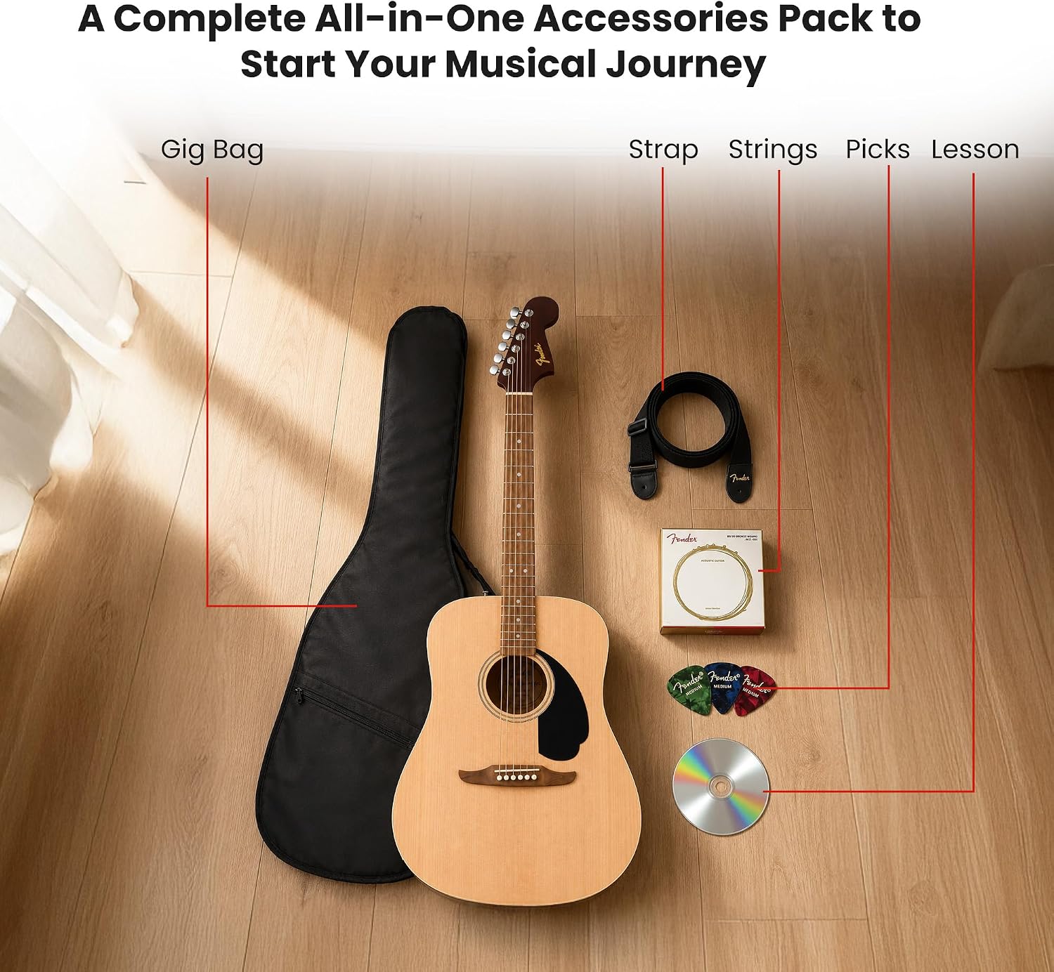 Fender Dreadnought Acoustic Guitar - Natural Bundle with Gig Bag, Strap, Strings, Picks, and Austin Bazaar Instructional Video