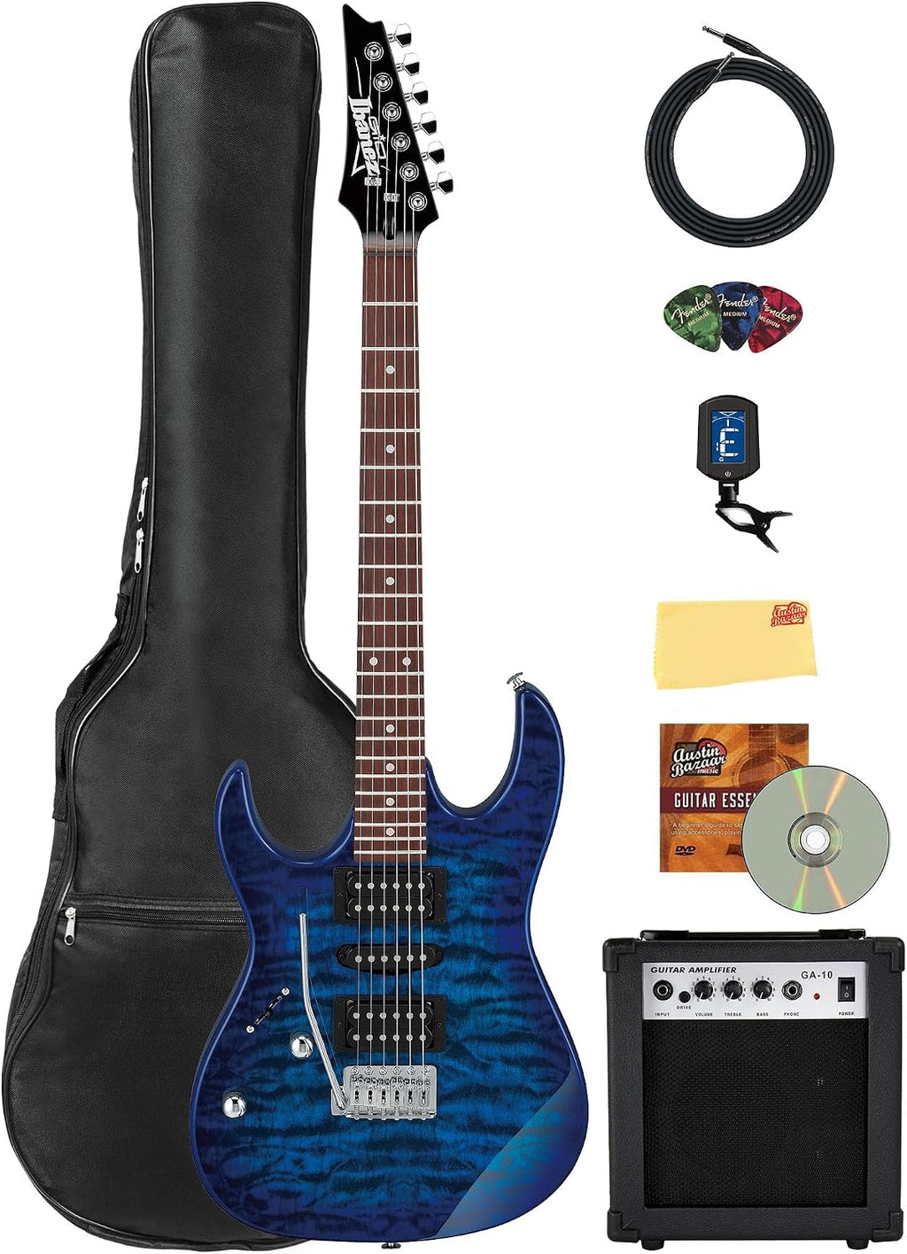 Ibanez GRX70QAL RG Gio Electric Guitar, Left Handed - Transparent Blue Burst Bundle with Amplifier, Gig Bag, Tuner, Cable, Picks, Austin Bazaar Instructional DVD, and Polishing Cloth