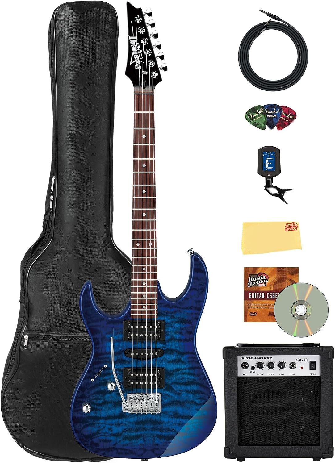Ibanez GRX70QAL RG Gio Electric Guitar, Left Handed - Transparent Blue Burst Bundle with Amplifier, Gig Bag, Tuner, Cable, Picks, Austin Bazaar Instructional DVD, and Polishing Cloth