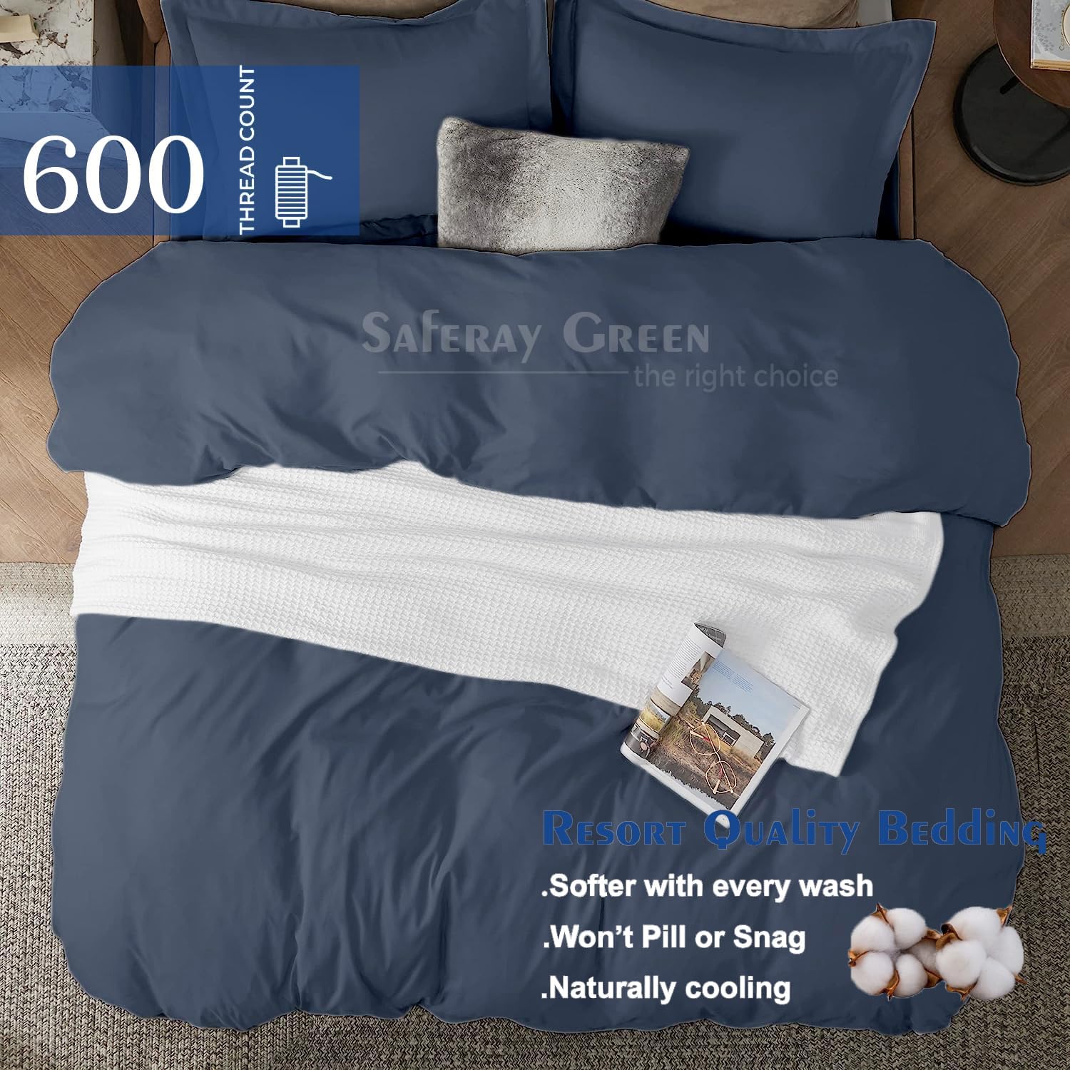 Steel Blue Duvet Cover Set California King Size 1 Duvet Cover with 2 Pillow Shams 3-Pc Comforter Cover with Zipper Closure & Corner Tie 100% Egyptian Cotton (104x98 Inch, Steel Blue)