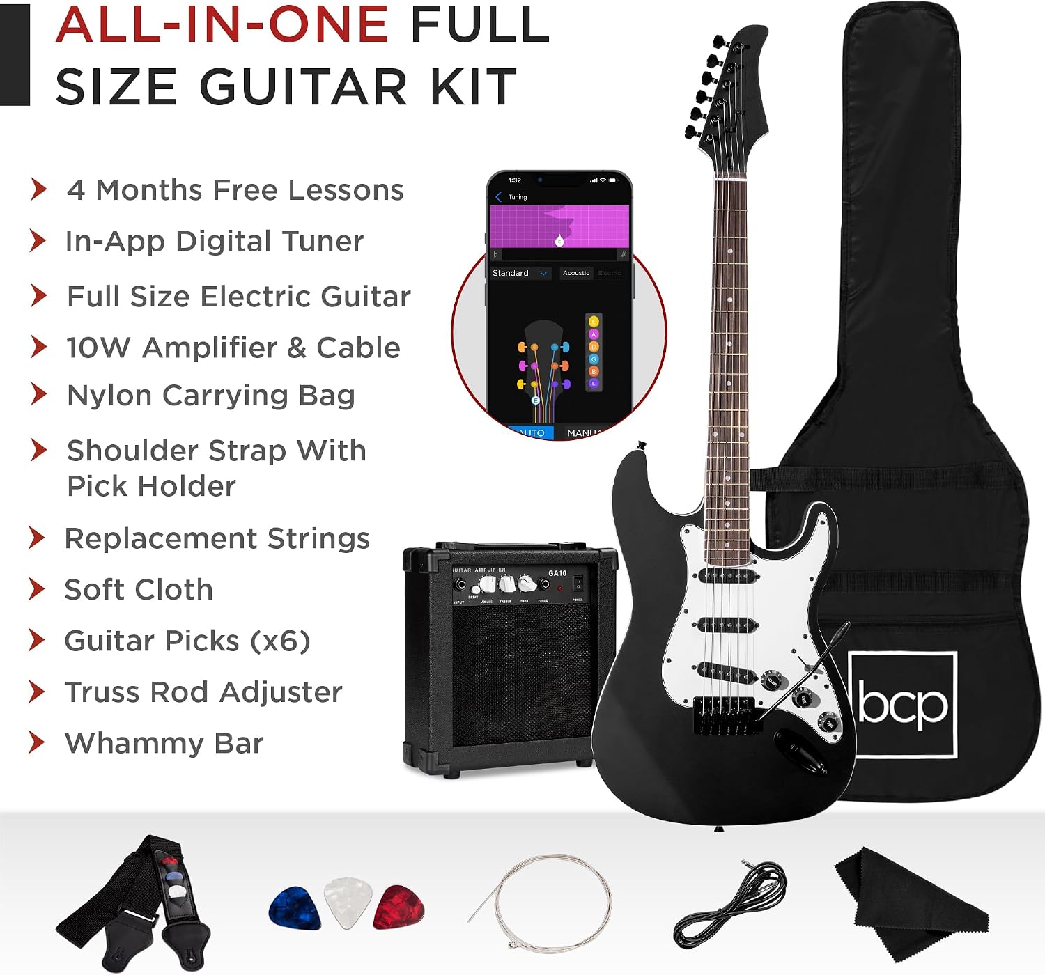 Best Choice Products 39in Full Size Beginner Electric Guitar Starter Kit w/Case, Strap, 10W Amp, Strings, Pick, Tremolo Bar - Jet Black