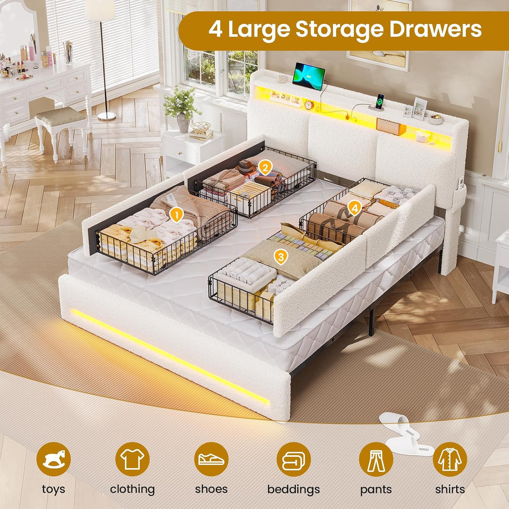 VIAGDO Queen Bed Frame with Storage Headboard and Charging Station, Boucle Upholstered Bed Frame Queen Size with 4 Drawers and LED Lights, Type C and USB, No Box Spring Needed, Cream White