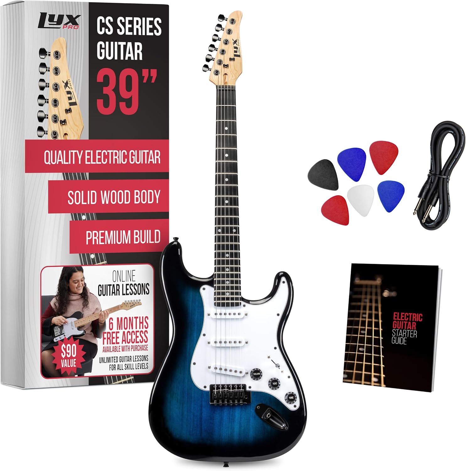 LyxPro CS 39' Electric Guitar Kit for Beginner, Intermediate & Pro Players with Guitar, Amp Cable, 6 Picks & Learner's Guide | Solid Wood Body, Volume/Tone Controls, 5-Way Pickup - Blue
