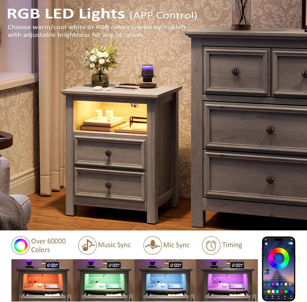 Set of 2 Nightstand with Charger Station Strip Lights,20' W Night Stand with Drawers for Bedroom, Large Accent Bed Side Table and End Table with Open Compartment-Easy Pull Handle, Textured Border,Gray