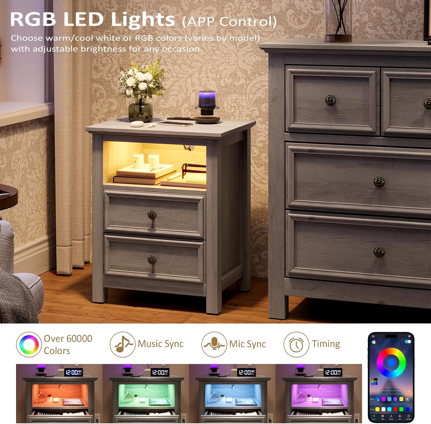 Set of 2 Nightstand with Charger Station Strip Lights,20' W Night Stand with Drawers for Bedroom, Large Accent Bed Side Table and End Table with Open Compartment-Easy Pull Handle, Textured Border,Gray