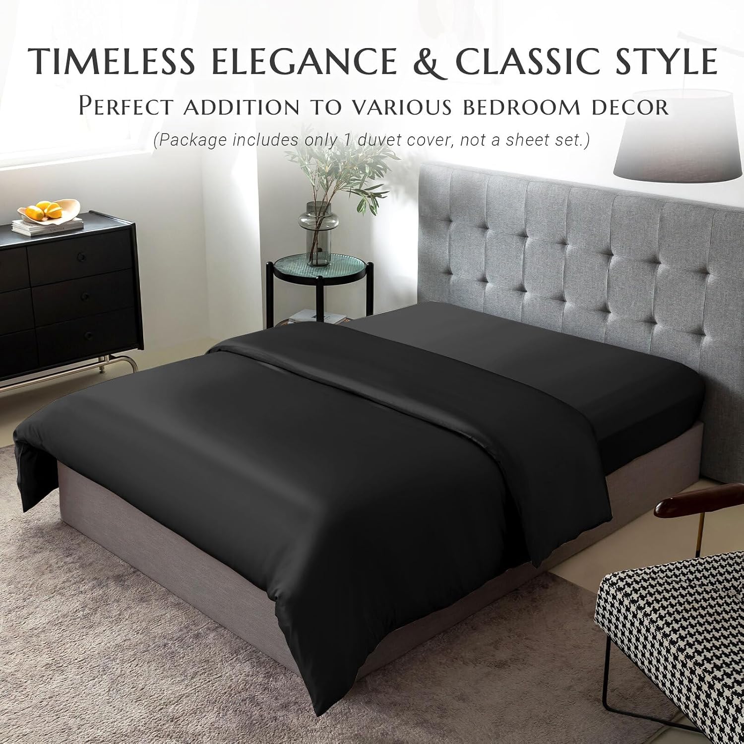 THXSILK Silk Duvet Cover, 100% 7A+ Mulberry Silk Comforter Cover, Seamless, Breathable, Easy Care Zipper Closure, 1 Duvet Cover Only - Queen, Black
