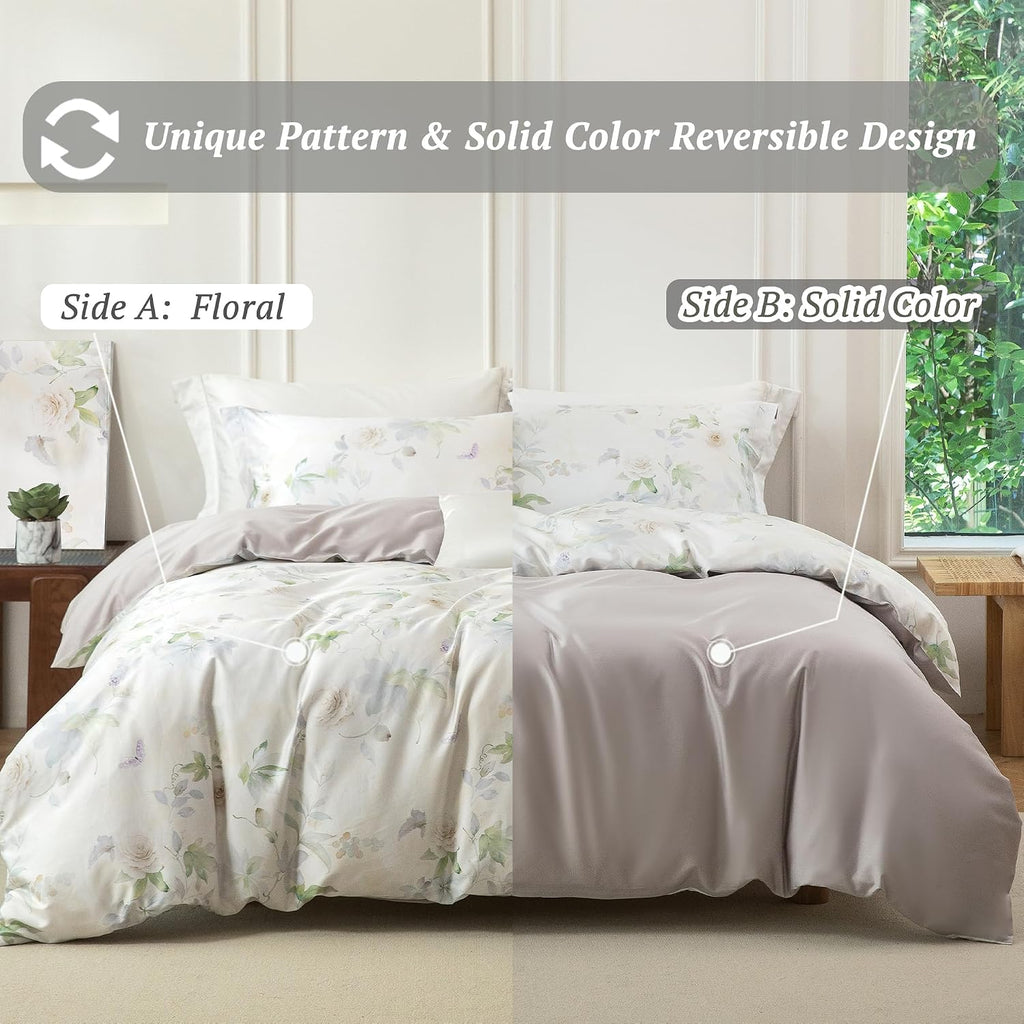 MILDLY Cal King Duvet Cover Set - 100% Long-Staple Cotton Beige Floral Patten Reversible Comforter Cover - 3Pcs Soft Breathable Luxury Bedding for All Season