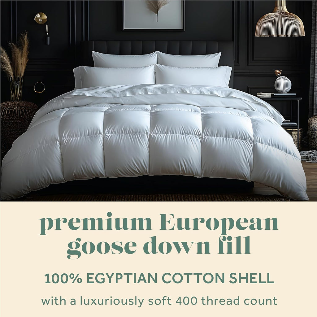 ComfyDown Goose Down White Comforter - Made in USA - 100% Egyptian Cotton 600 Thread Count Cover, 800+ Fill Power, Light Weight, All Season Washable Duvet Insert with Corner tabs - Queen
