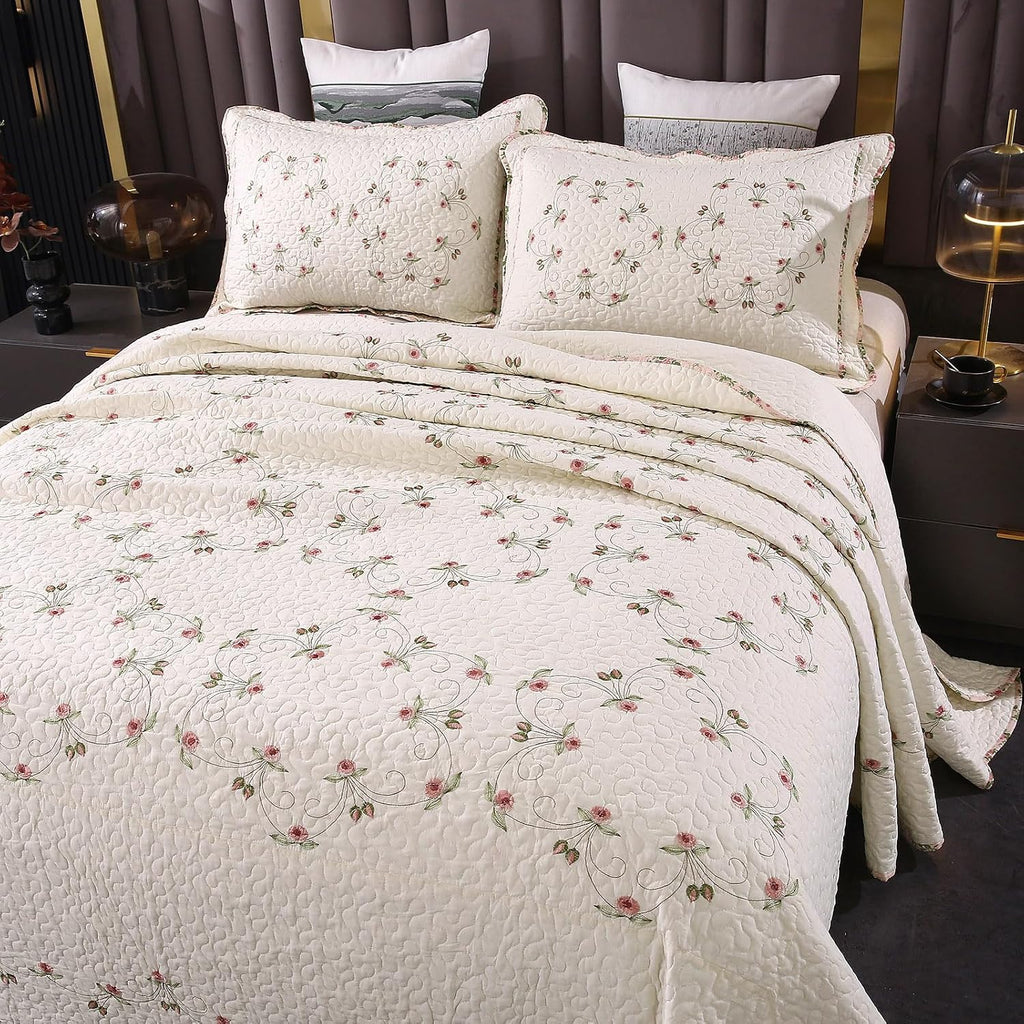 Quilt Set Floral Leaves 3D Embroidery Pattern 3 PCS Cotton Reversible Quilted Embroidered Decorative Bedspreads Coverlet Set, Lightweight &Soft Queen Size Beige Bedding Coverlet for All Season