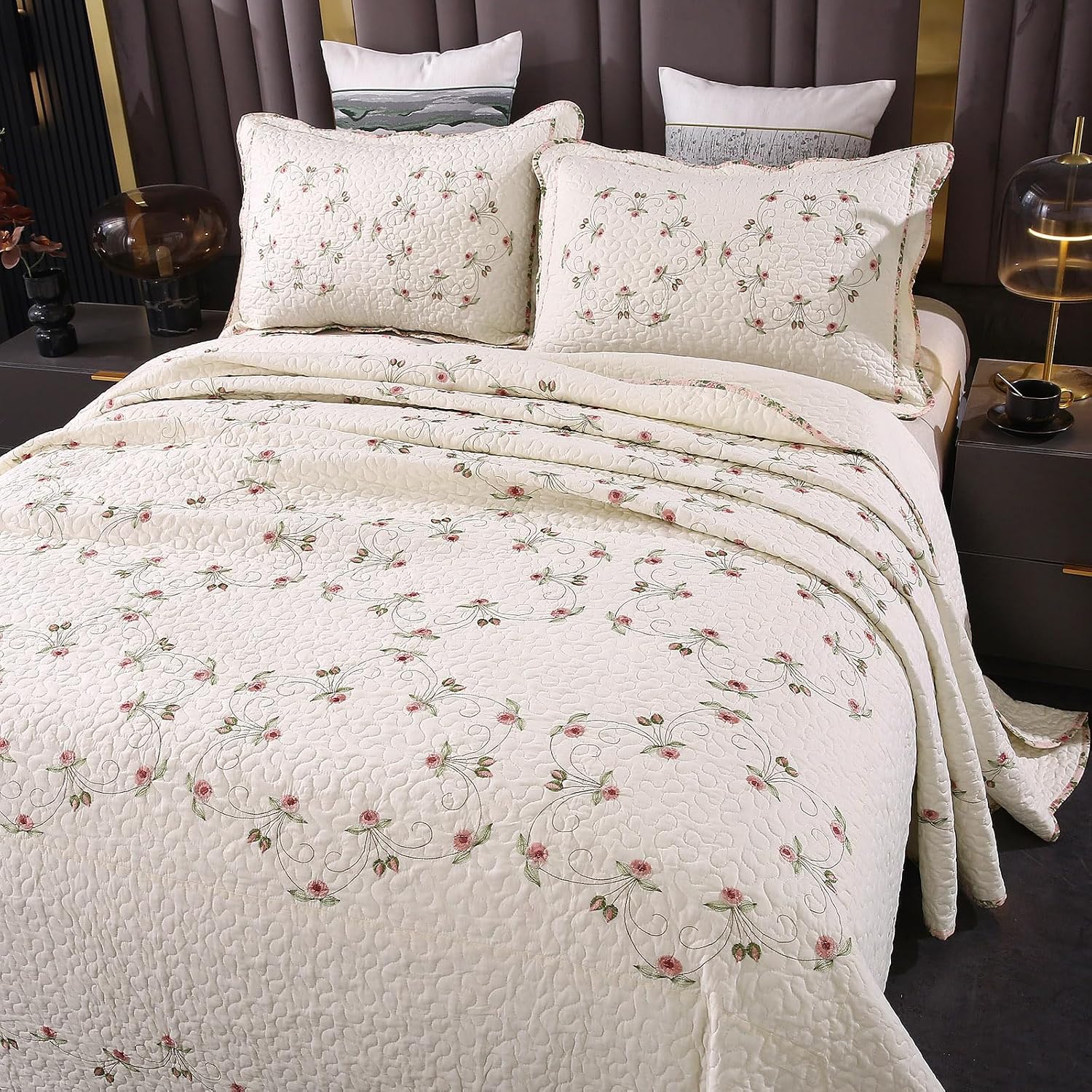 Quilt Set Floral Leaves 3D Embroidery Pattern 3 PCS Cotton Reversible Quilted Embroidered Decorative Bedspreads Coverlet Set, Lightweight &Soft Queen Size Beige Bedding Coverlet for All Season