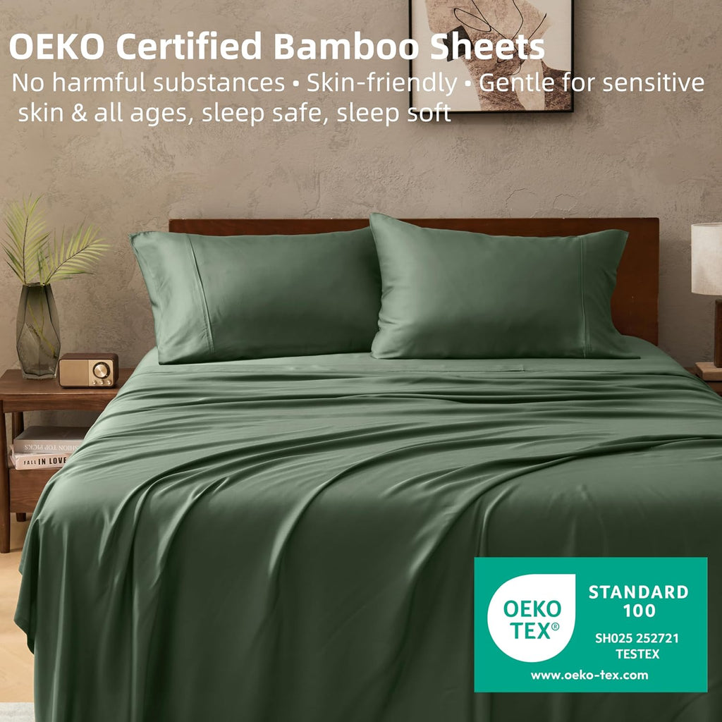 GOKOTTA Full Size Bed Sheets 4 Piece Set, 100% Rayon Derived from Bamboo, Cooling for Hot Sleepers-Luxury Breathable Soft Sheets, Deep Pocket 15' Fitted Sheet with Elastic Corner Straps, Green