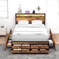 Zevemomo Queen Bed Frame with 8 Drawers, Queen Metal Bed Frame with LED Light & Charging Station, Heavy Duty Metal Slats, No Box Spring Needed, Rustic Brown