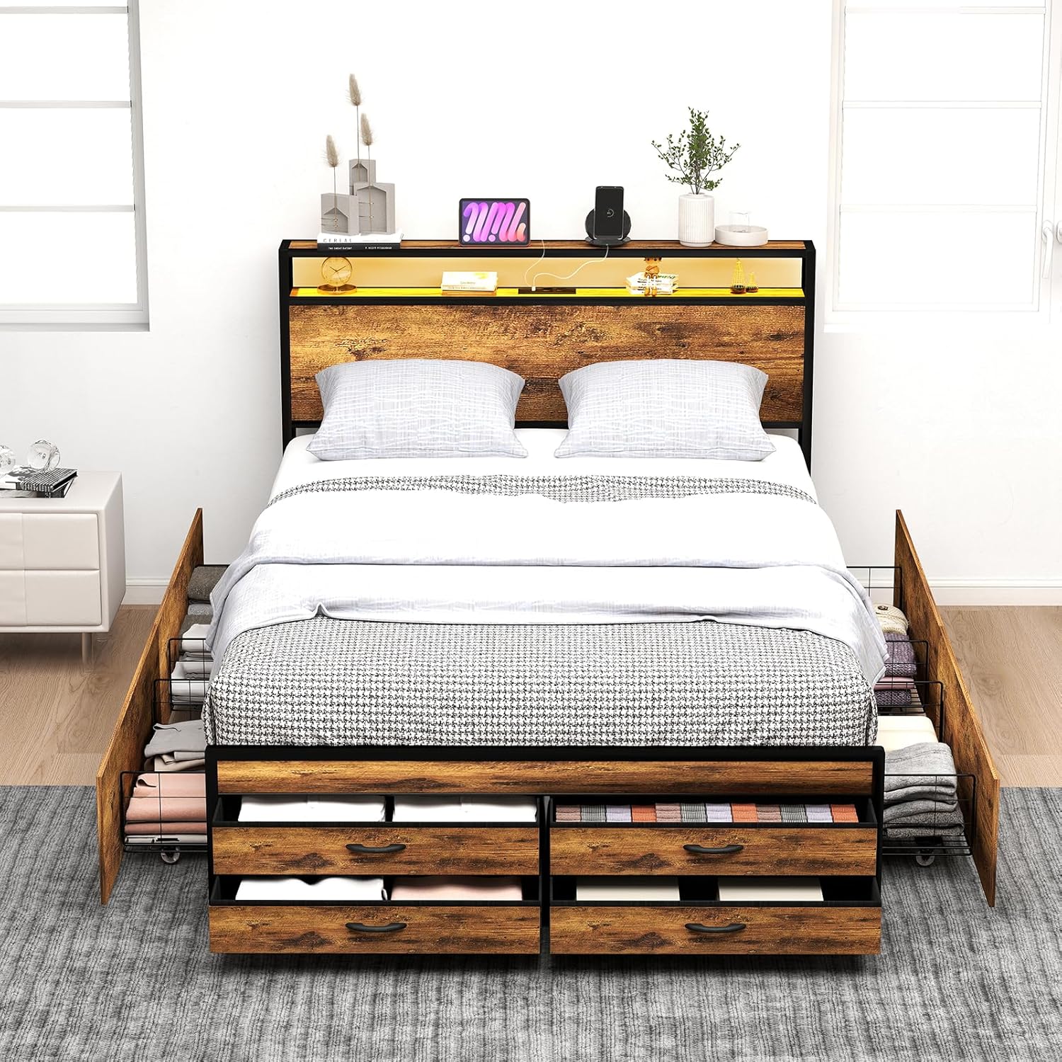 Zevemomo Queen Bed Frame with 8 Drawers, Queen Metal Bed Frame with LED Light & Charging Station, Heavy Duty Metal Slats, No Box Spring Needed, Rustic Brown