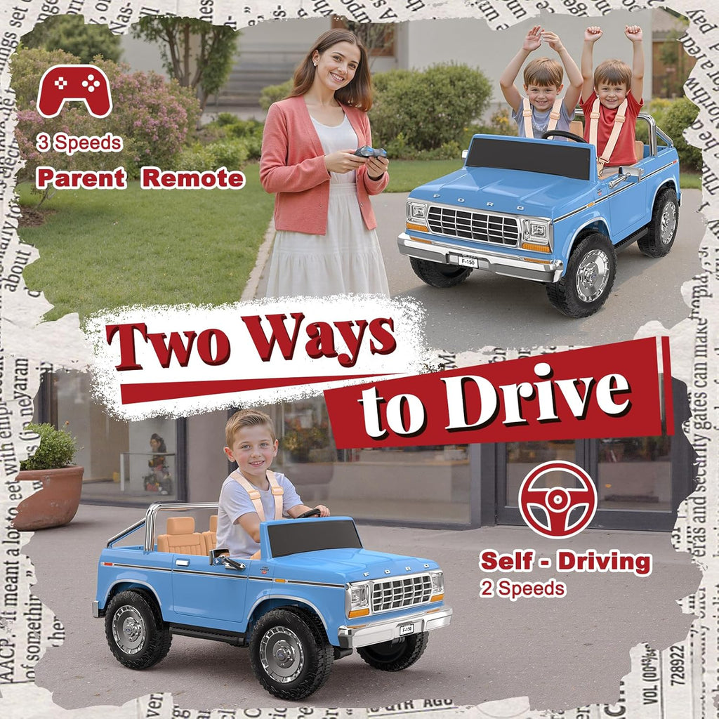 ANPABO Licensed Ford F-150 24V 2 Seater Ride on Car for Kids, 4x100W Motors for All-Terrain Electric Car with Parental Remote, Retro Style, 3-Speeds, Large Storage Box, Music Player, Aged 3-8, Blue