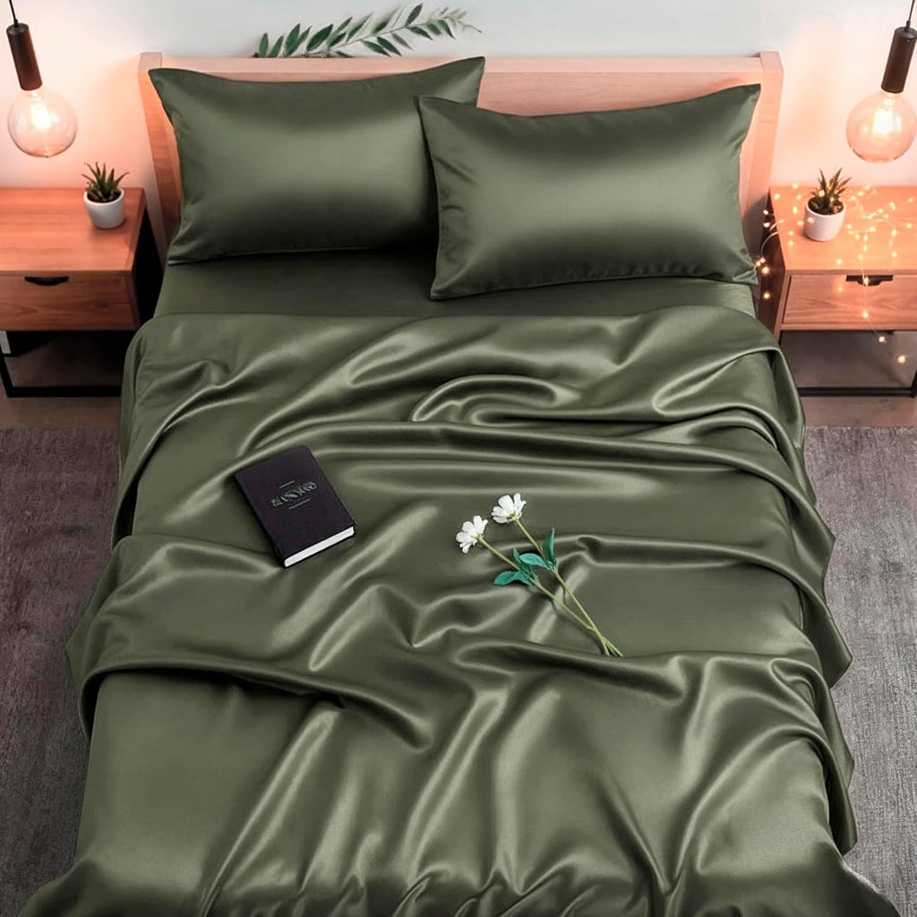 Colorado Home Co SUNDAYSILKS | Mulberry Silk Bed Sheets | 4PC Queen Size | Natural Bedding Set | Soft & Durable | Grade 6A Organic Real Silk [Olive]