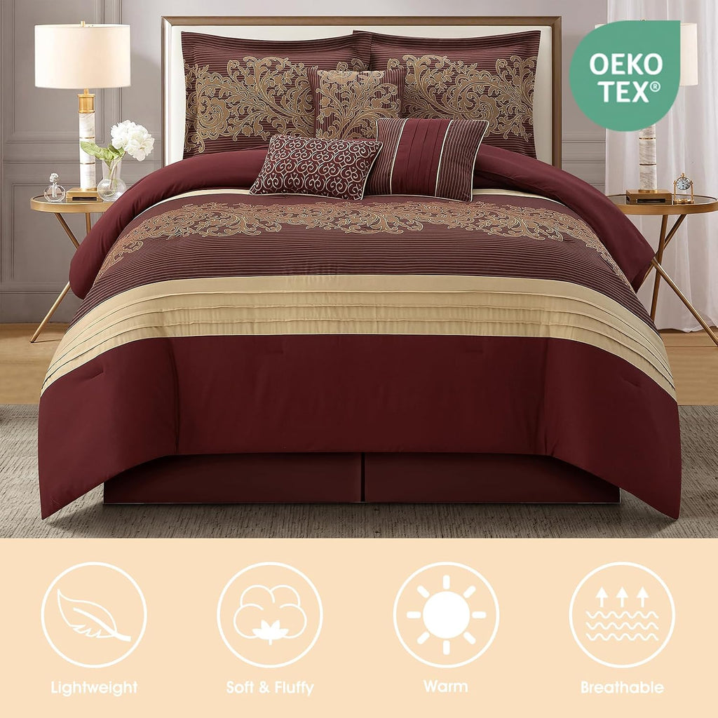LANCO MODERN LIFESTYLE Red Gold Comforter Set, California King, Damask Jacquard with Matching Solid Piece Work, 7 Piece Soft Bedding Set for All Season, Bed Skirt, Pillow Shams and Decorative Pillows
