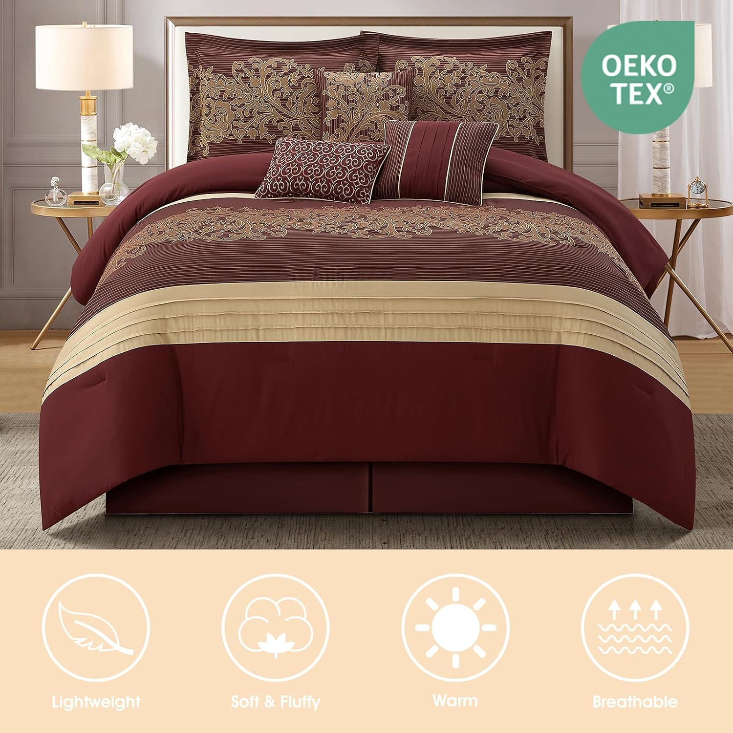 LANCO MODERN LIFESTYLE Red Gold Comforter Set, California King, Damask Jacquard with Matching Solid Piece Work, 7 Piece Soft Bedding Set for All Season, Bed Skirt, Pillow Shams and Decorative Pillows