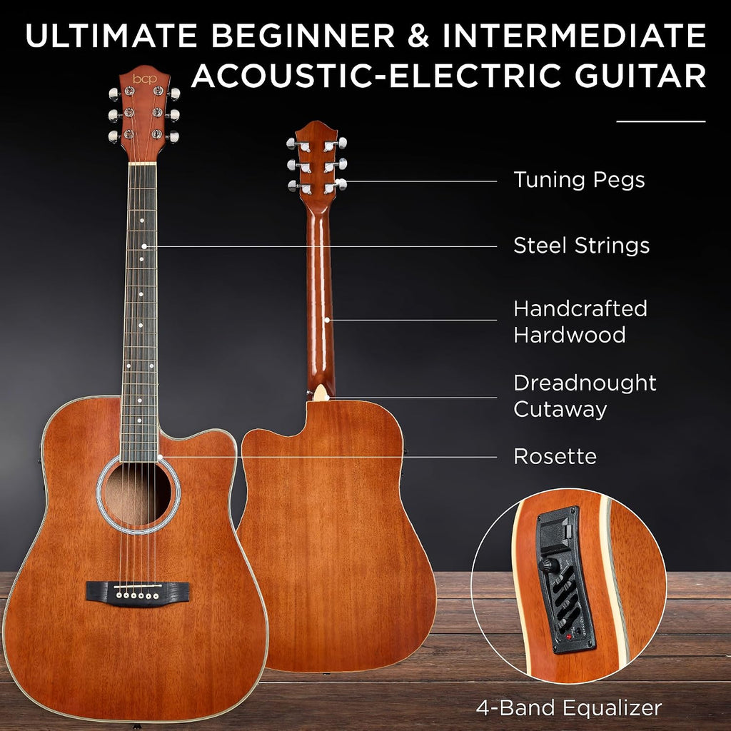 Best Choice Products Beginner Acoustic Electric Guitar Starter Set w/ 41in, All Wood Cutaway Design, Gig Bag, Strap, Picks - Natural Mahogany