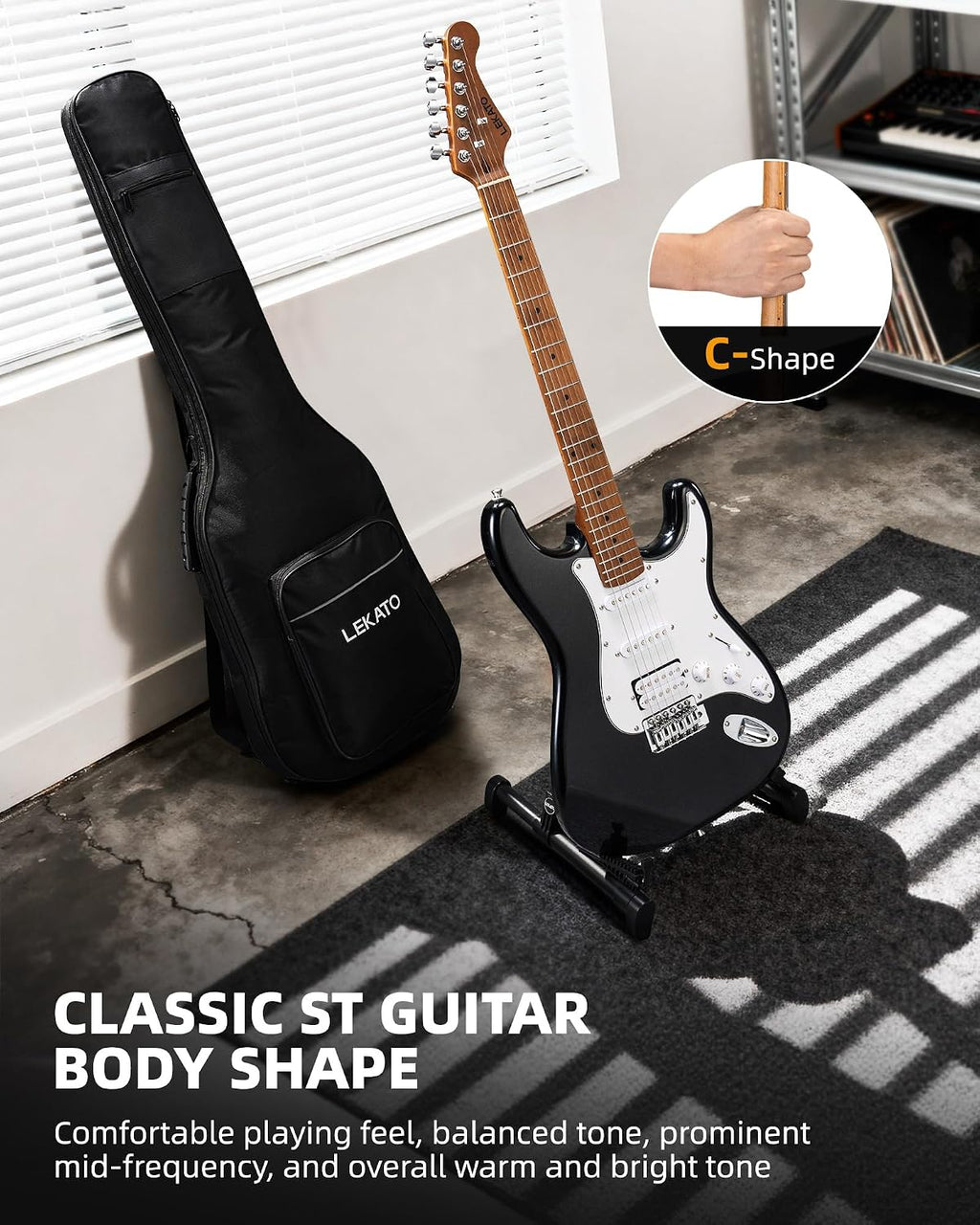 LEKATO Electric Guitar Kit Beginner 39 Inch Full Size Solid Body Guitar HSS for Starter Roasted Maple Neck Fretboard Stainless Steel Frets, 5W Mini Amp, Bag, Tuner, Capo, Strap, String, Picks- Black