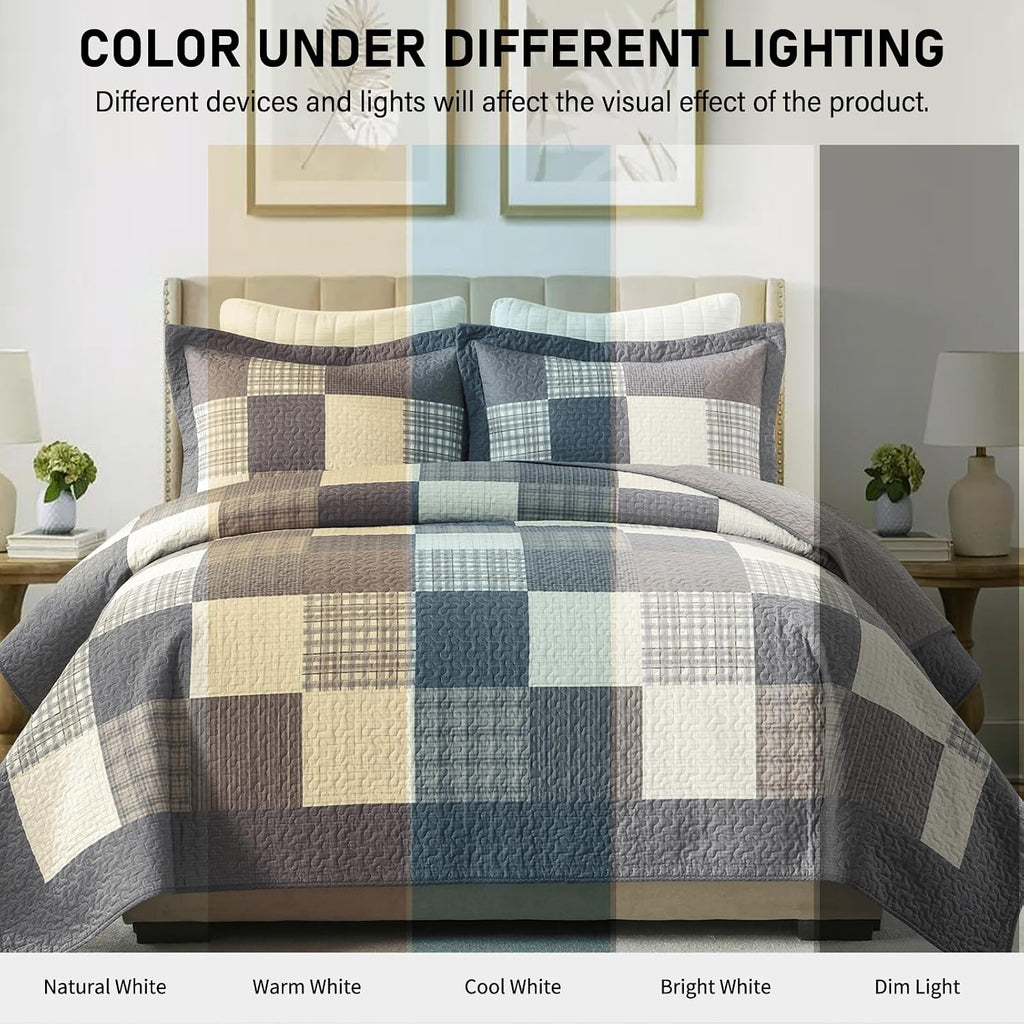 KALOOLA Farmhouse Quilts Queen Size - 100% Cotton Lightweight Quilted Bedding Set 3 Pcs, Cottage Printed Plaid Bedspread with 2 Pillow Shams, Reversible Bed Coverlet for All Season, Gray/Brown/Beige