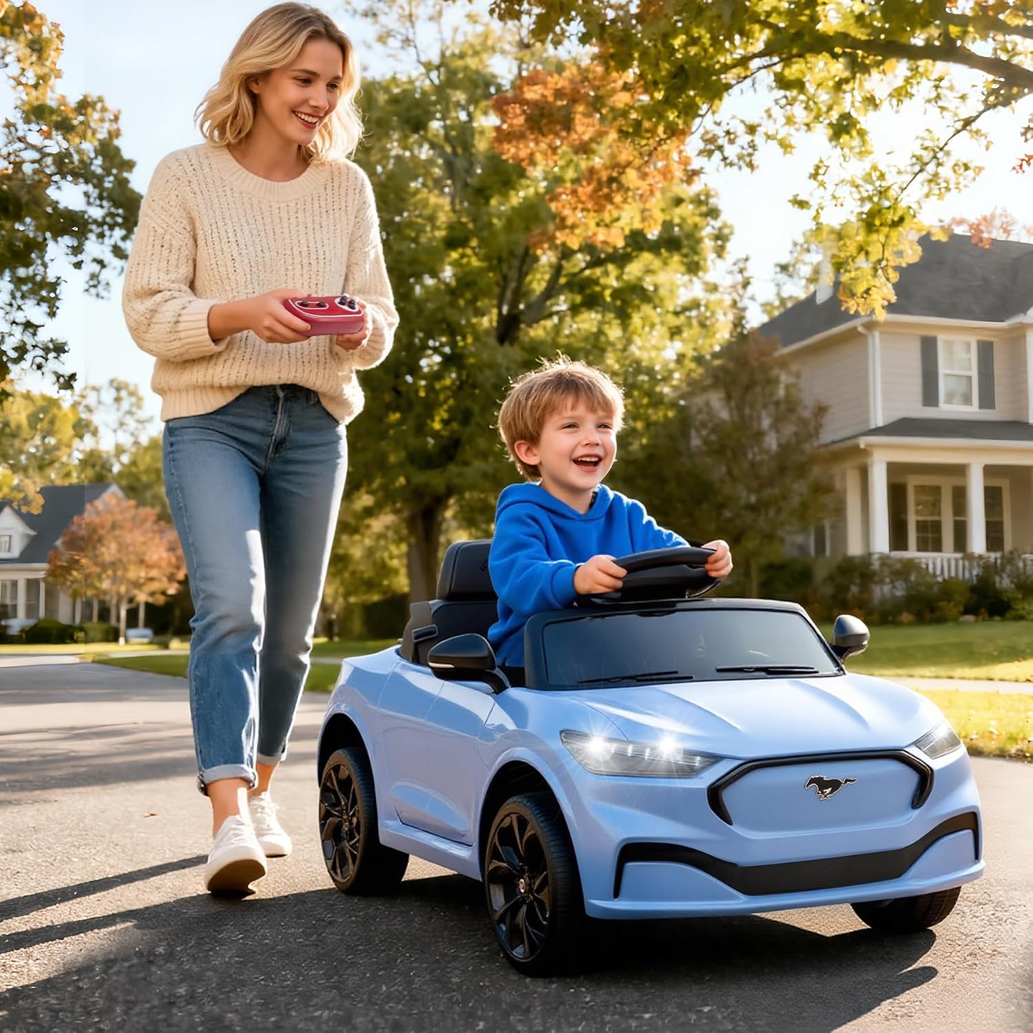 Bobike Electric Ride On Car for Kids, 12V Electric Toddler Car with Remote Control, Ride on Toys for Kids with LED Lights, Music Player, Lockable Doors (Blue)