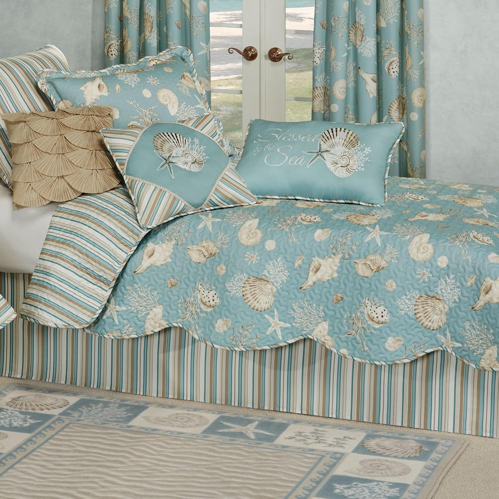 Seabreeze Coastal Beach Bedding | All Season Quilted | Shell Starfish Coral Stripe | Aqua Teal Ivory Cream | 6 Pc Set: Twin Quilt, 1 Standard Sham, Bedskirt, 2 Square Pillows, Rectangle Pillow