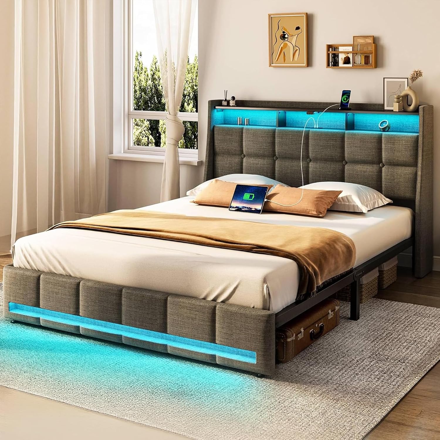 Rolanstar Full Size Bed Frame with LED Lights and Charging Station, Upholstered Headboard with 2-Tier Storage Shelves, Heavy Duty Metal Frame, Noise-Free Support, Easy Assembly, No Box Spring Needed