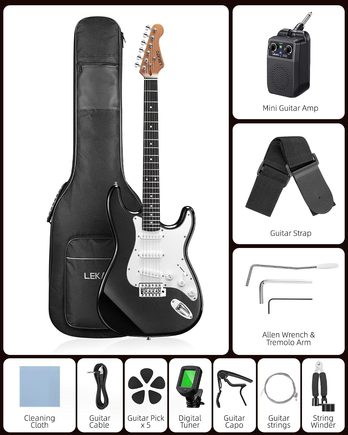 LEKATO Beginner Electric Guitar Kit 39 Inch Full Size Solid Body Guitar SSS for Starter Roasted Maple Neck Stainless Steel Frets, 5w Plug-in Amp, Bag, Tuner, Capo, Strap, Picks, String, Cable - Black