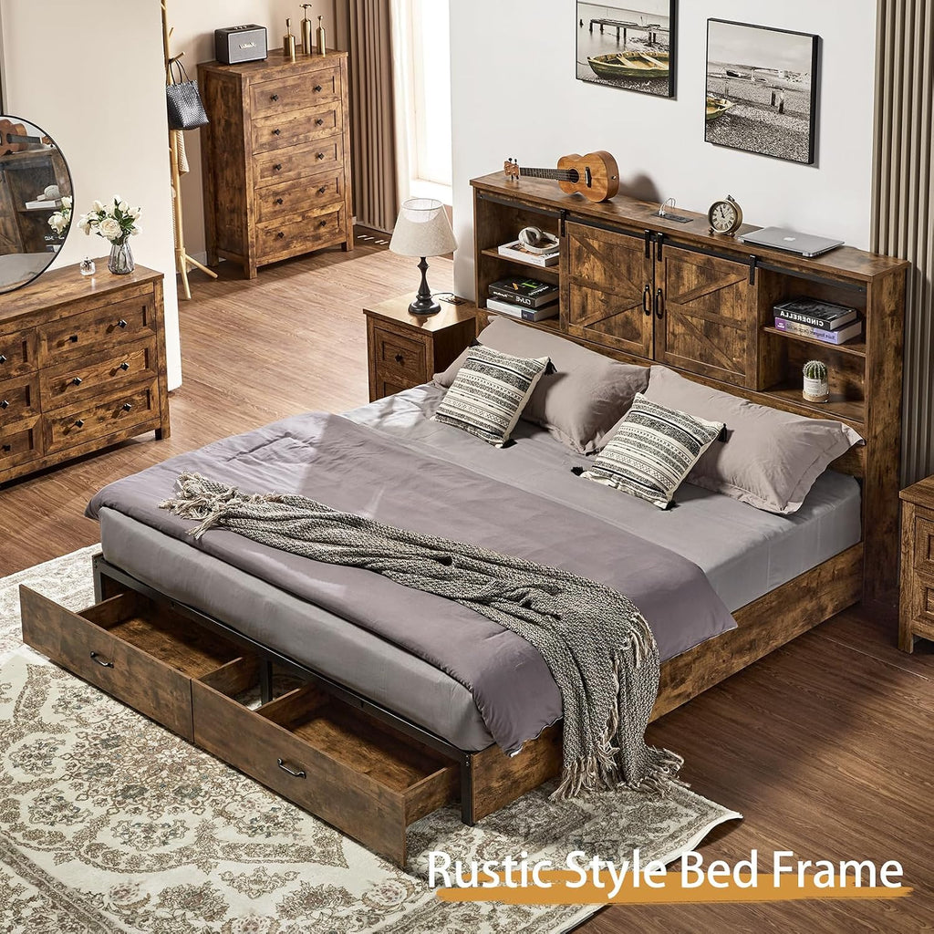 VanAcc Queen Size Bed Frame, Wooden Platform Storage Bed with 51.2' Bookcase Headboard, 2 Drawers, Charging Station/No Box Spring Needed/Noise Free(Rustic Brown)