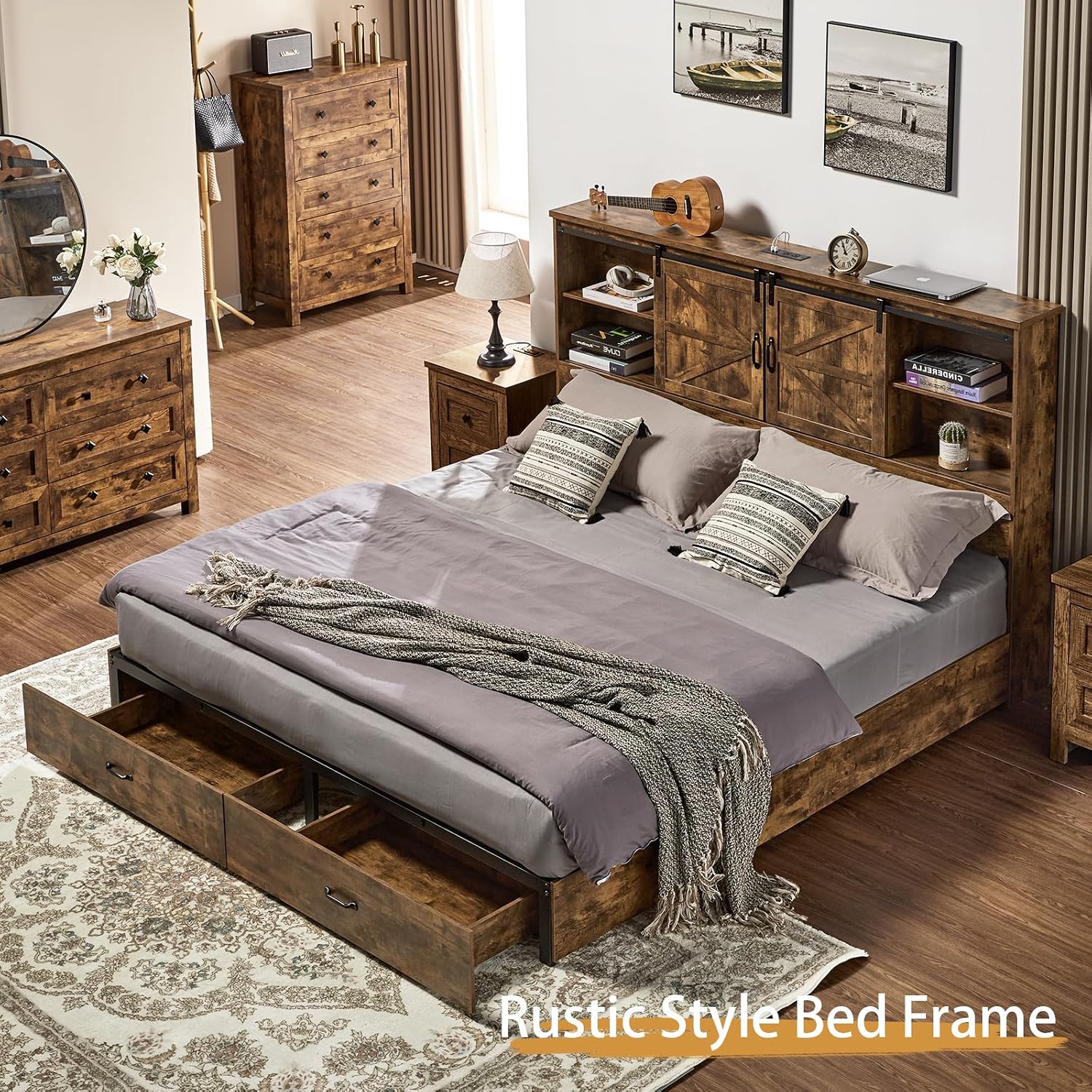 VanAcc Full Size Bed Frame, Wooden Platform Storage Bed with 51.2' Bookcase Headboard, 2 Drawers, Charging Station/No Box Spring Needed/Noise Free(Rustic Brown)