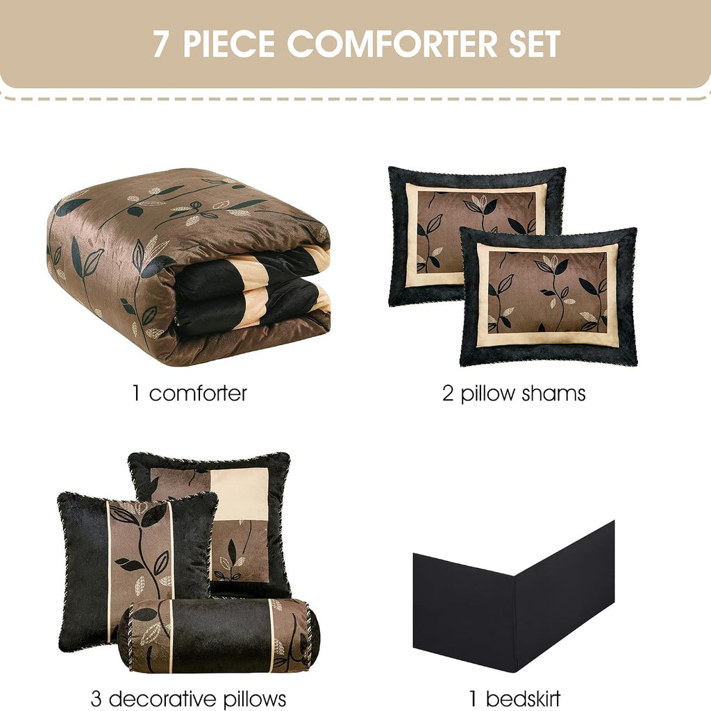 Stratford Park Elegant Leaves 7-Piece Comforter Bedding Set, Bronze, Full Size, Short Plush Print Comforter Set, All Season Bedding Set