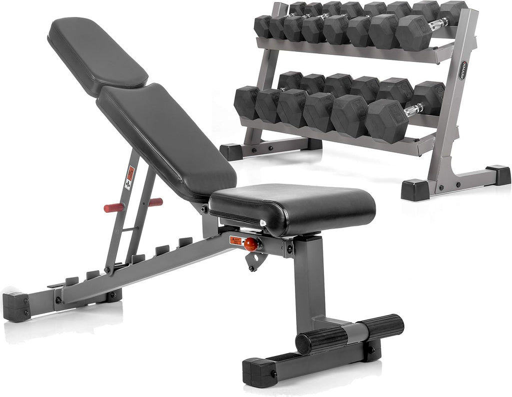 XMARK 10-50 lb Dumbbells Weight Set with Storage Rack, 7 Pair (10 lb to 50 lb) of Hex Dumbbell with Dumbbell Rack and Adjustable Weight Bench