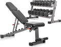 XMARK 10-50 lb Dumbbells Weight Set with Storage Rack, 7 Pair (10 lb to 50 lb) of Hex Dumbbell with Dumbbell Rack and Adjustable Weight Bench