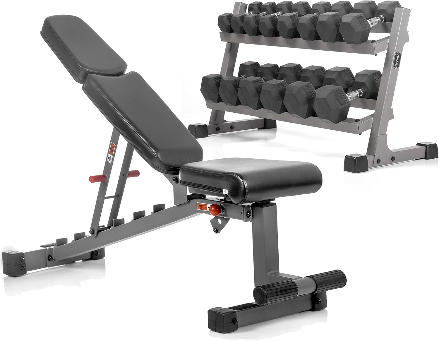 XMARK 10-50 lb Dumbbells Weight Set with Storage Rack, 7 Pair (10 lb to 50 lb) of Hex Dumbbell with Dumbbell Rack and Adjustable Weight Bench