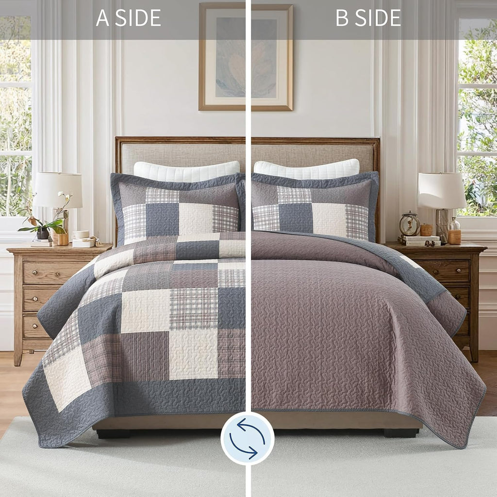 KALOOLA Farmhouse Quilts Queen Size - 100% Cotton Lightweight Quilted Bedding Set 3 Pcs, Cottage Printed Plaid Bedspread with 2 Pillow Shams, Reversible Bed Coverlet for All Season, Gray/Brown/Beige