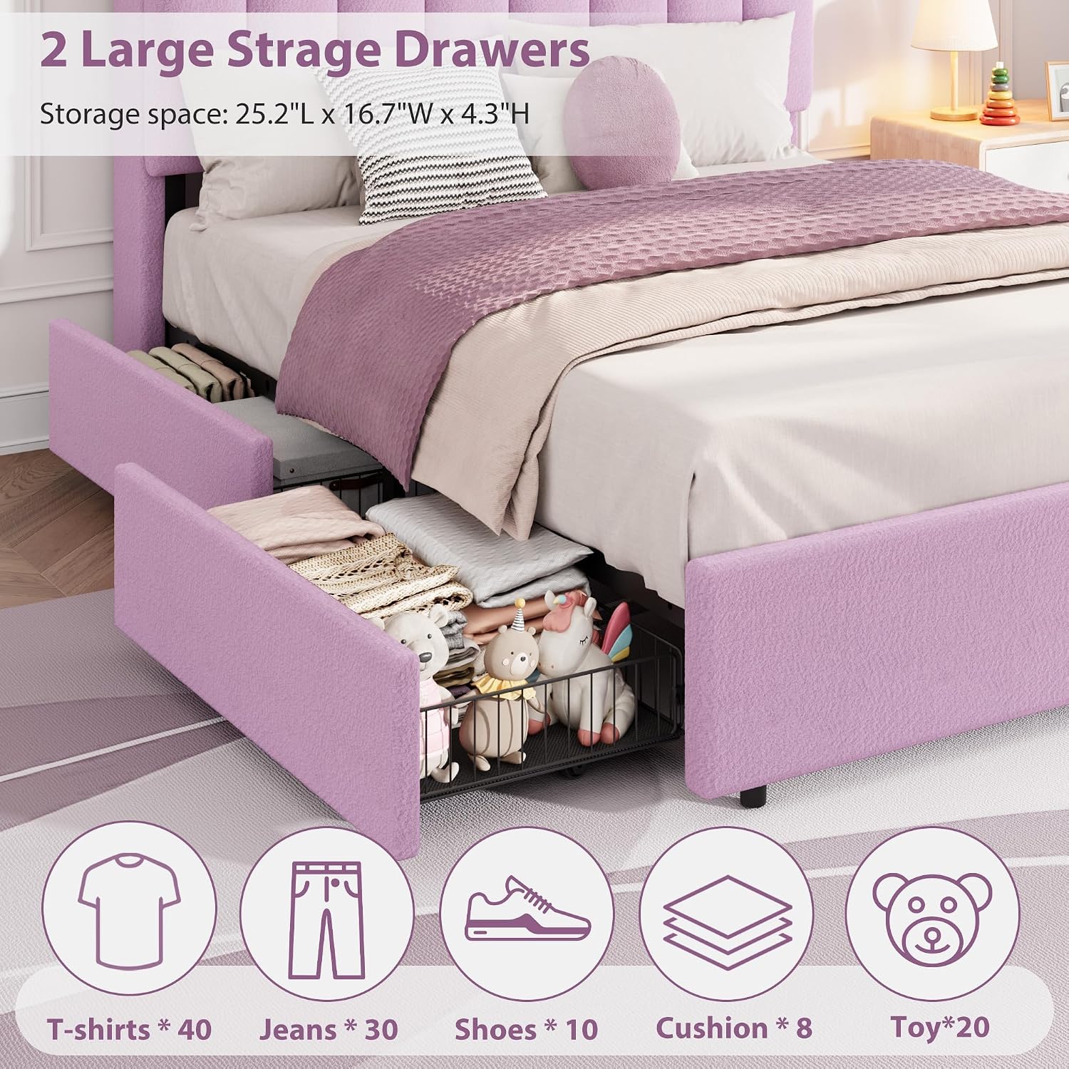 Garvee LED Full Size Bed Frame with Storage Headboard, Kids Bed Frame with 2 Drawers, Boucle Upholstered Platform Bed for Girls, Chic Wavy Headboard with Bookcase, No Box Spring Needed, Purple