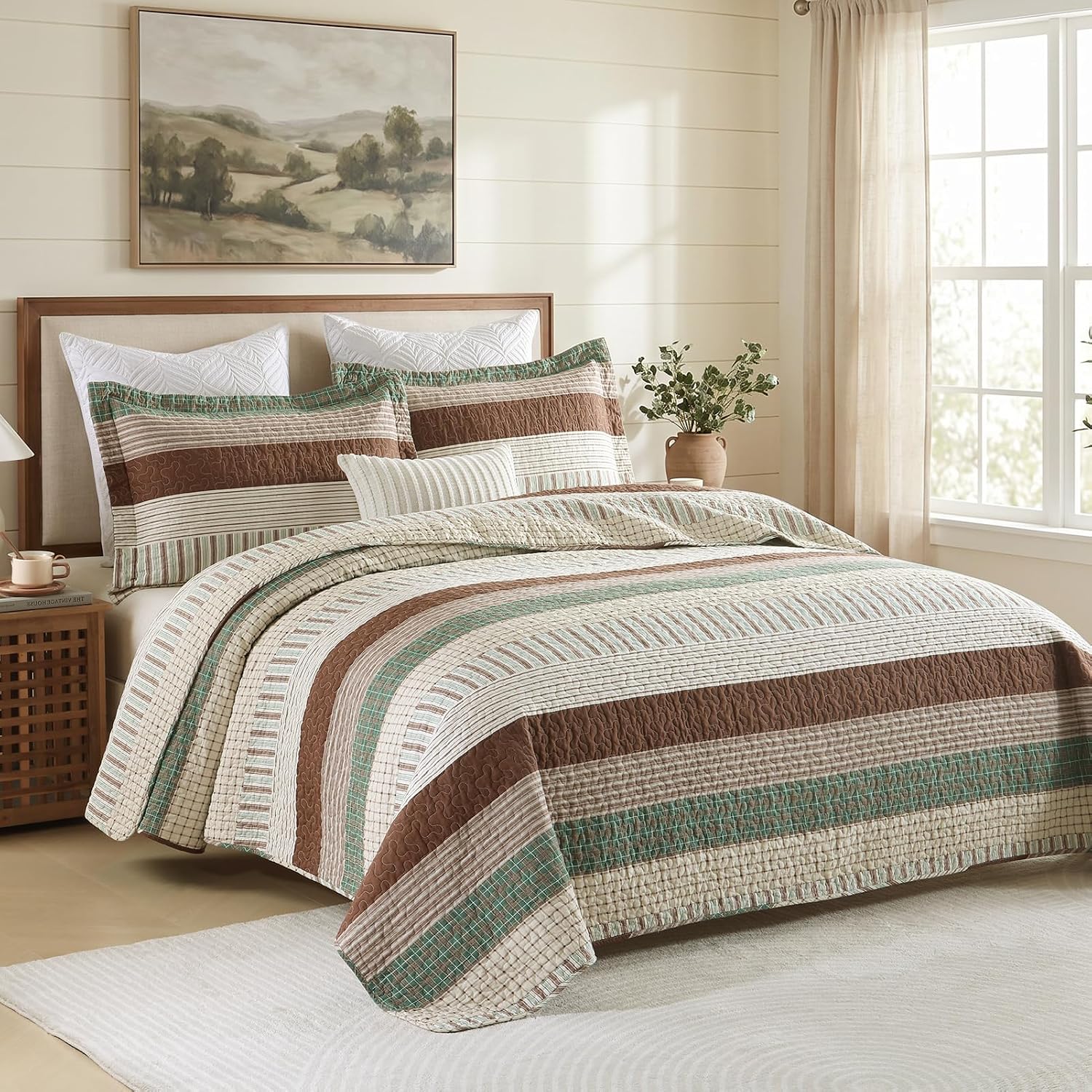 Finlonte 100% Cotton King Size Quilt Set, Patchwork Striped King Quilt Bedding Set Farmhouse Bedspread, Lightweight Quilted Comforter Reversible Bed Spread for All Season, Green/Brown/Beige, 3 Pieces