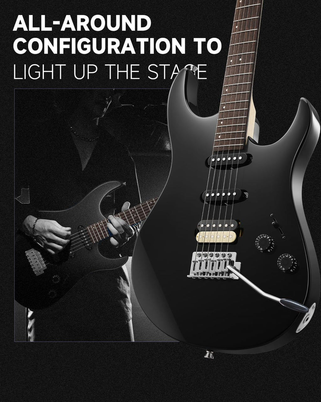 Donner DMT-66 Solid Body Electric Guitar Kit for Beginners, Full Size 39' Electric Guitar with HSS Pickups, Poplar Body, Maple Neck, Starter Guitar with Gig Bag, Strap, Whammy Bar, Wrench, Black