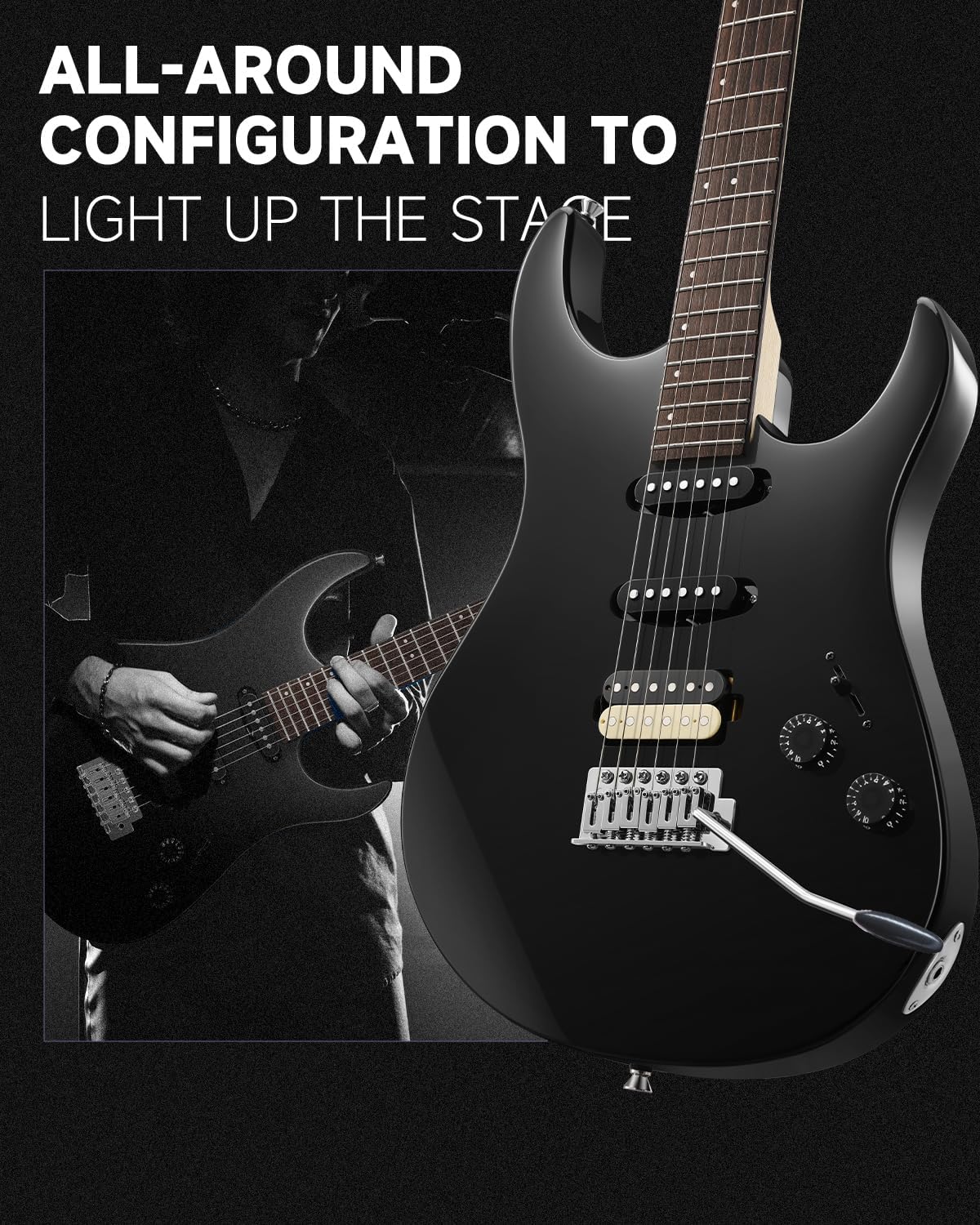 Donner DMT-66 Solid Body Electric Guitar Kit for Beginners, Full Size 39' Electric Guitar with HSS Pickups, Poplar Body, Maple Neck, Starter Guitar with Gig Bag, Strap, Whammy Bar, Wrench, Black