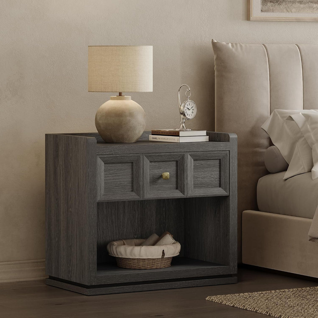 SICOTAS Night Stand Set 2, 26' Wide Nightstands with Drawer, Large Queen Size Nightstands Set of 2, Modern Bedside Table for Bedroom, Side End Table (Dark Grey Oak, 26-Inch)