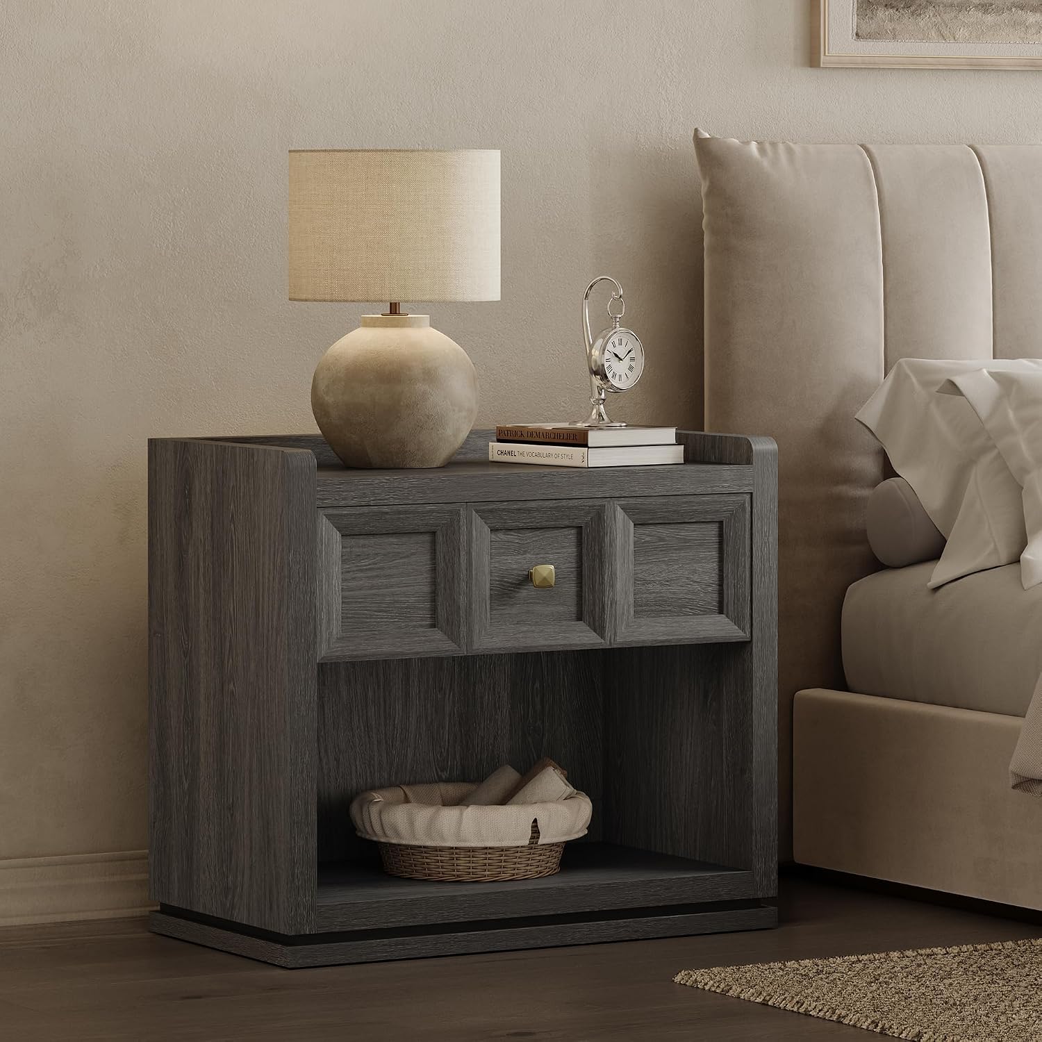 SICOTAS Night Stand Set 2, 26' Wide Nightstands with Drawer, Large Queen Size Nightstands Set of 2, Modern Bedside Table for Bedroom, Side End Table (Dark Grey Oak, 26-Inch)