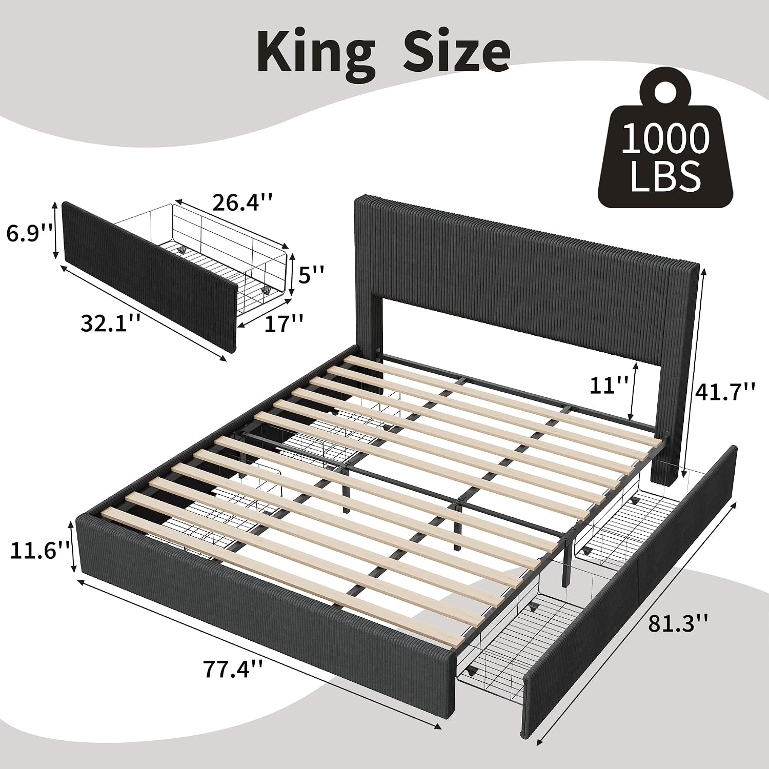 GarveeHome Bed Frame, King Size Platform Bed with 4 Storage Drawers, Upholstered Corduroy Channel Tufted Headboard Bed Frame with Strong Wooden Slat Support, No Box Spring Needed, Black