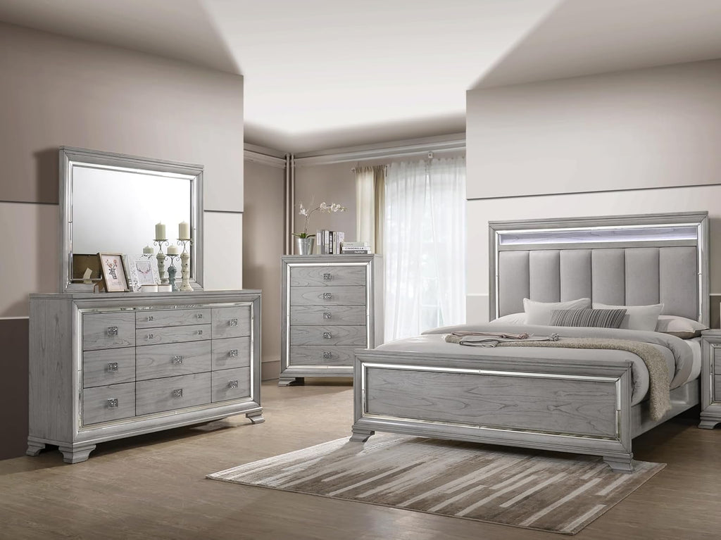 Contemporary Gray Finish Upholstered Padded King Size LED Light Bed Solid Wood 4pc Wooden Bedroom Set