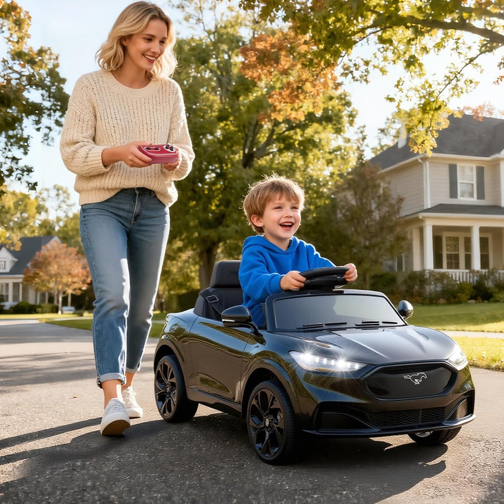 Bobike Electric Ride On Car for Kids, 12V Electric Toddler Car with Remote Control, Ride on Toys for Kids with LED Lights, Music Player, Lockable Doors (Black)