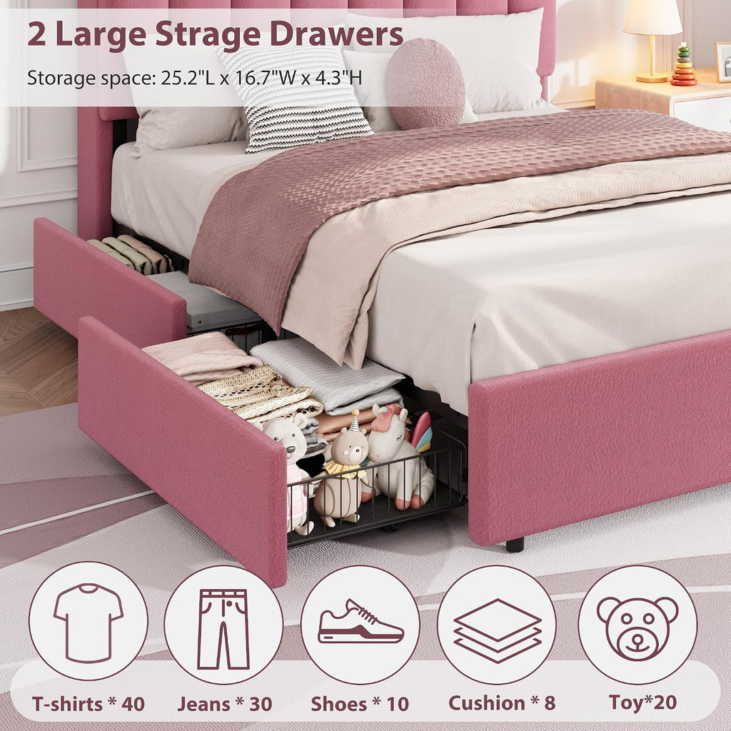 Garvee LED Full Size Bed Frame with Storage Headboard, Kids Bed Frame with 2 Drawers, Boucle Upholstered Platform Bed for Girls, Chic Wavy Headboard with Bookcase, No Box Spring Needed, Dark Pink