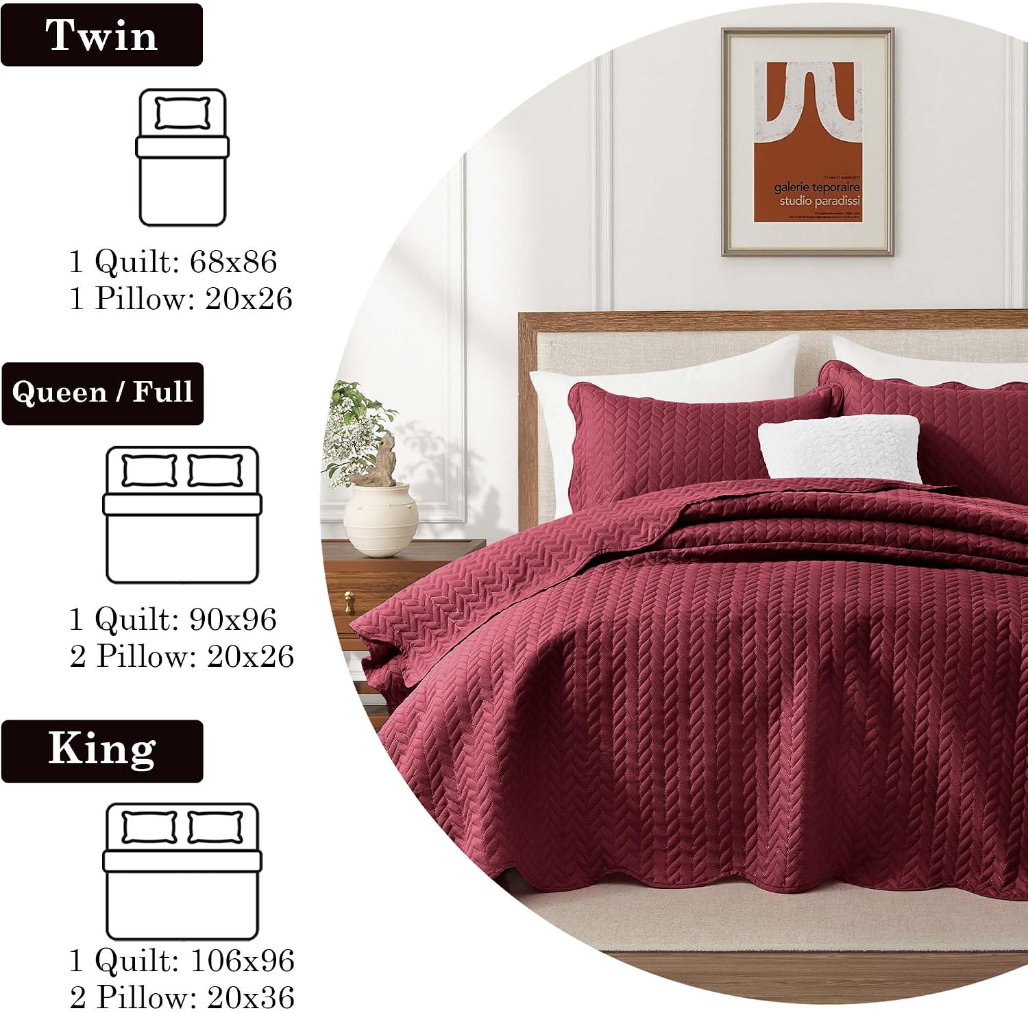 MOONLIGHT20015 Twin Quilt Bedding Set (68' x 86') - Bulk Pack of 10 Wholesale for Hotels, Guest Bedroom & Airbnbs - Lightweight Microfiber Reversible Embossed Quilts Bedspreads (Burgundy)