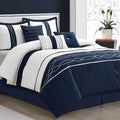 LANCO MODERN LIFESTYLE 7 Piece Comforter Set, Queen, White Navy Geometric Design, 100% Polyester, Luxury All Seasons Bed Set Includes Comforter, Bed Skirt, Pillow Shams, and Decorative Pillows