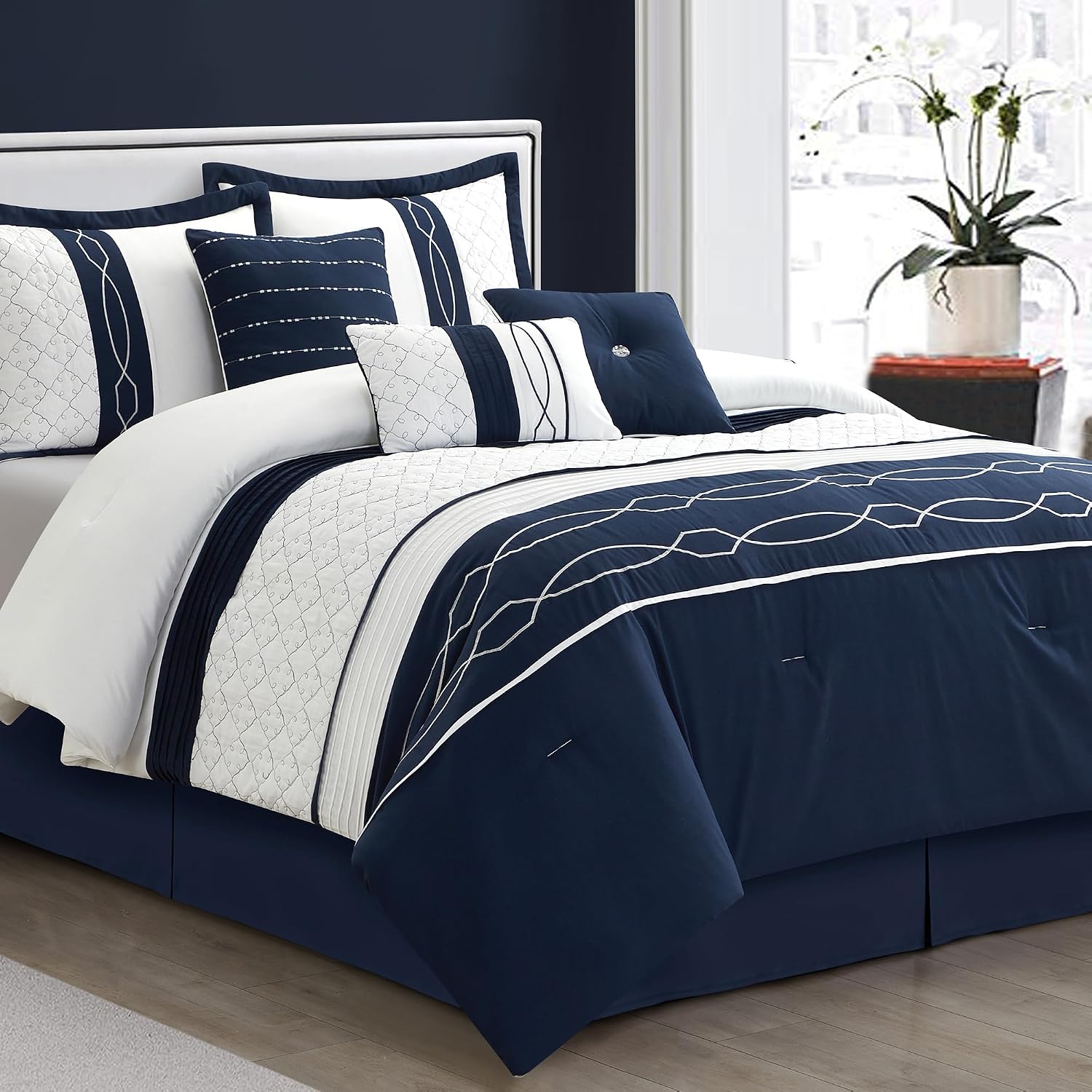 LANCO MODERN LIFESTYLE 7 Piece Comforter Set, King, White Navy Geometric Design, 100% Polyester, Luxury All Seasons Bed Set Includes Comforter, Bed Skirt, Pillow Shams, and Decorative Pillows