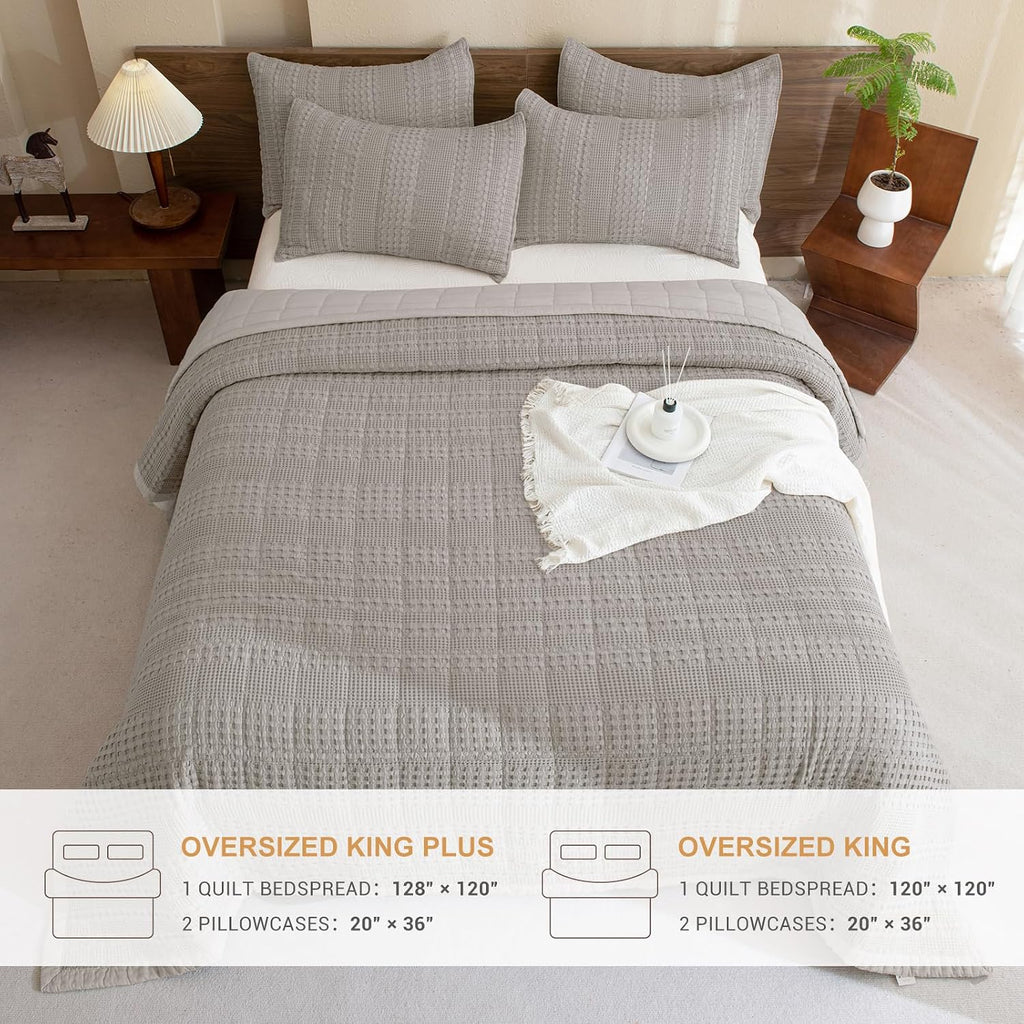 Sanracie Oversized King Quilt (120'x120'), Cotton Dark Khaki Waffle Weave Quilt Sets 3Pcs Lightweight Breathable Quilt Bedding Set Luxury Soft Bedding Coverlet for All Seasons